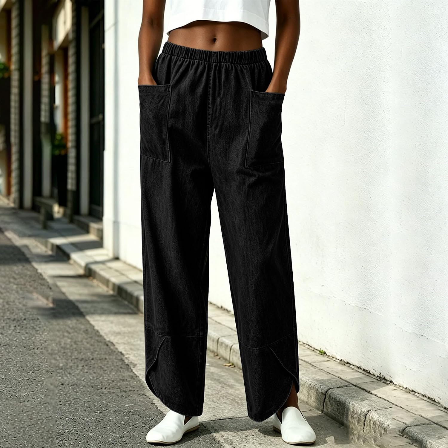 Casual Pants for Women Summer Straight Wide Leg Slit Hem Pants Elastic Waist Loose Casual Trousers with Large Pockets