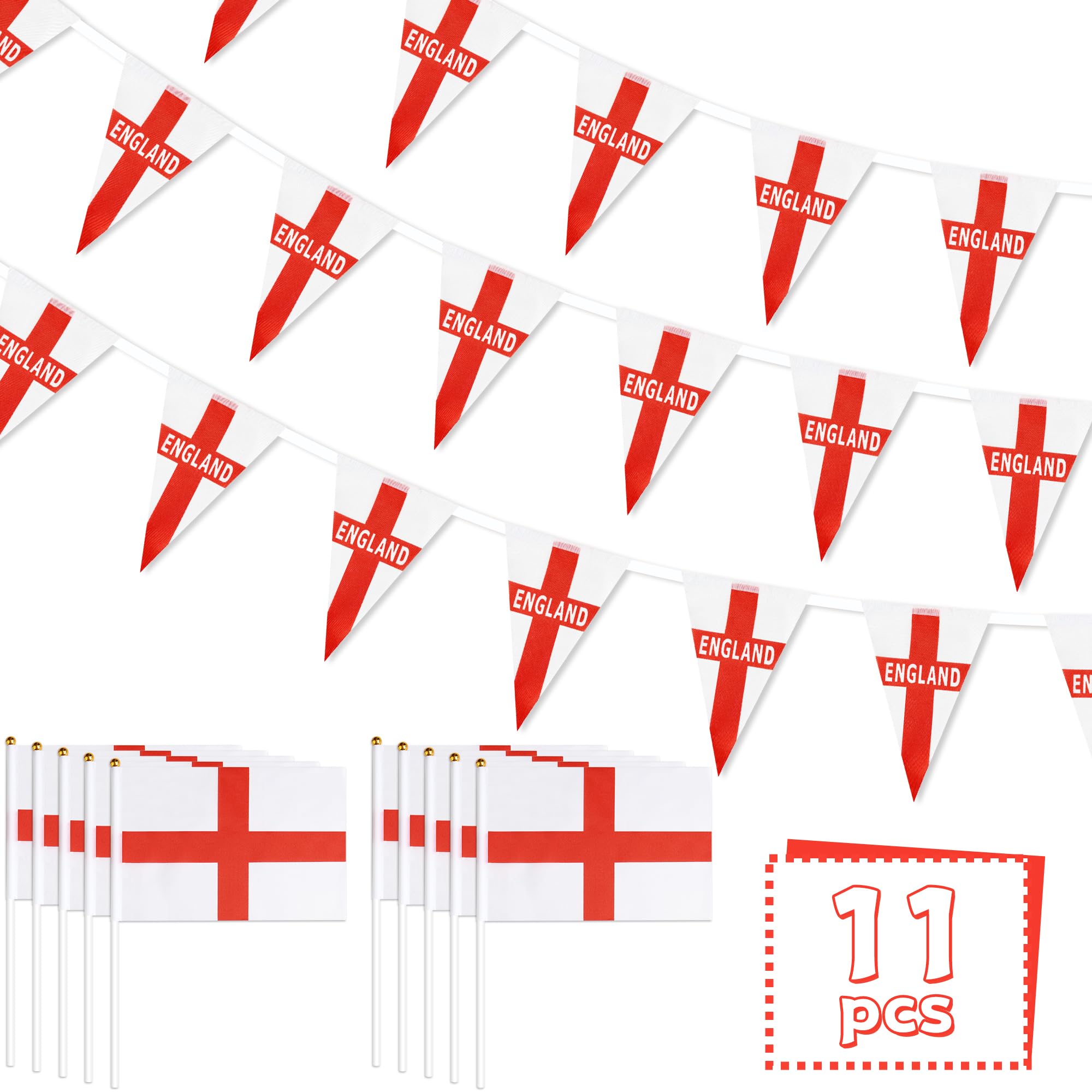 Funnlot England Flag St Georges Flag, 1 x England Bunting Flags Decorations, 10 England Hand Flags for Sporting Events St Georges Day Party Decorations Supplies