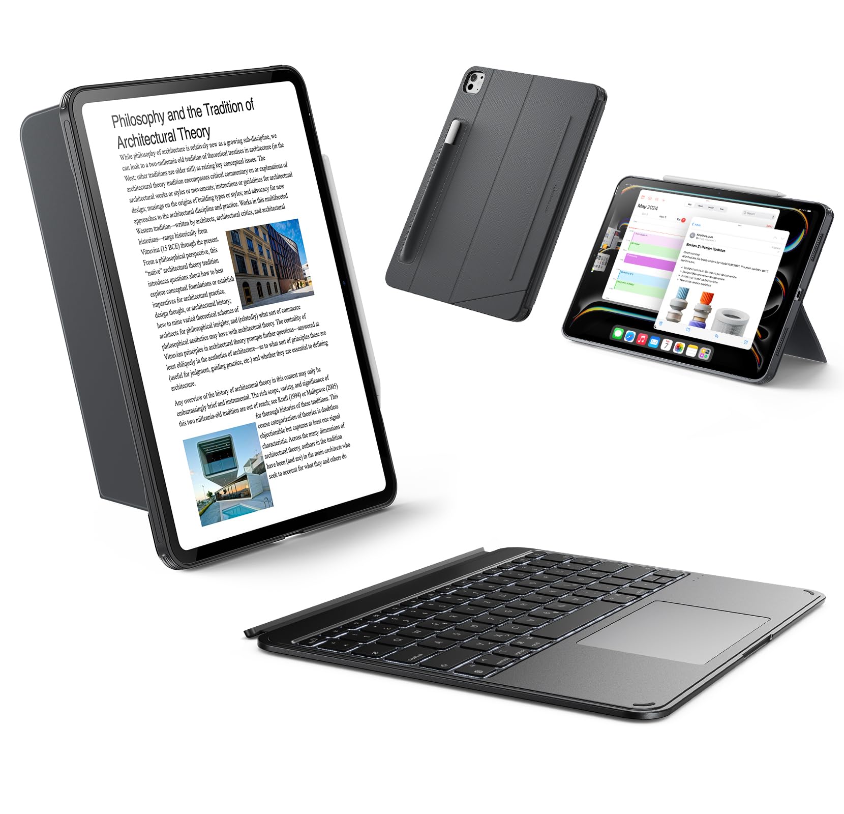 ESR Hülle mit Tastatur für iPad Air 13" (M4/M3/M2) 2026~2024 – Magnetisch abnehmbare Tastatur, Hoch/Querformat, großes Click-Anywhere-Trackpad, Hintergrundbeleuchtete Tasten, Shift Serie, Dunkelgrau