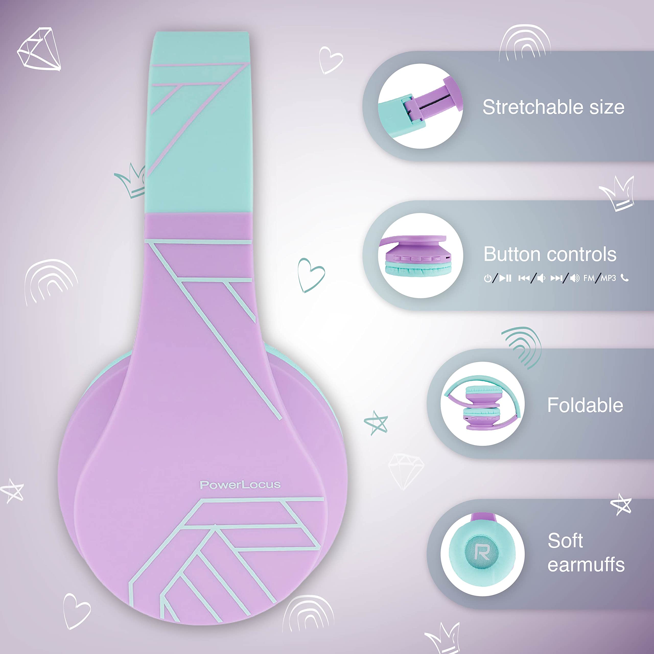 PowerLocus Cuffie Bluetooth per Bambini, Cuffie Senza Fili Over-Ear con Microfono, limitatore di volume a 85 dB, Cuffie Wireless Pieghevoli e Regolabili per Ragazzi e Ragazze per Cellulari/Tablet/PC