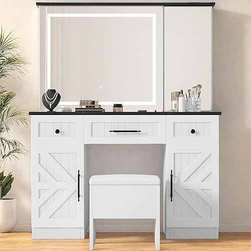 YITAHOME Escritorio de tocador de granja con espejo, almacenamiento oculto