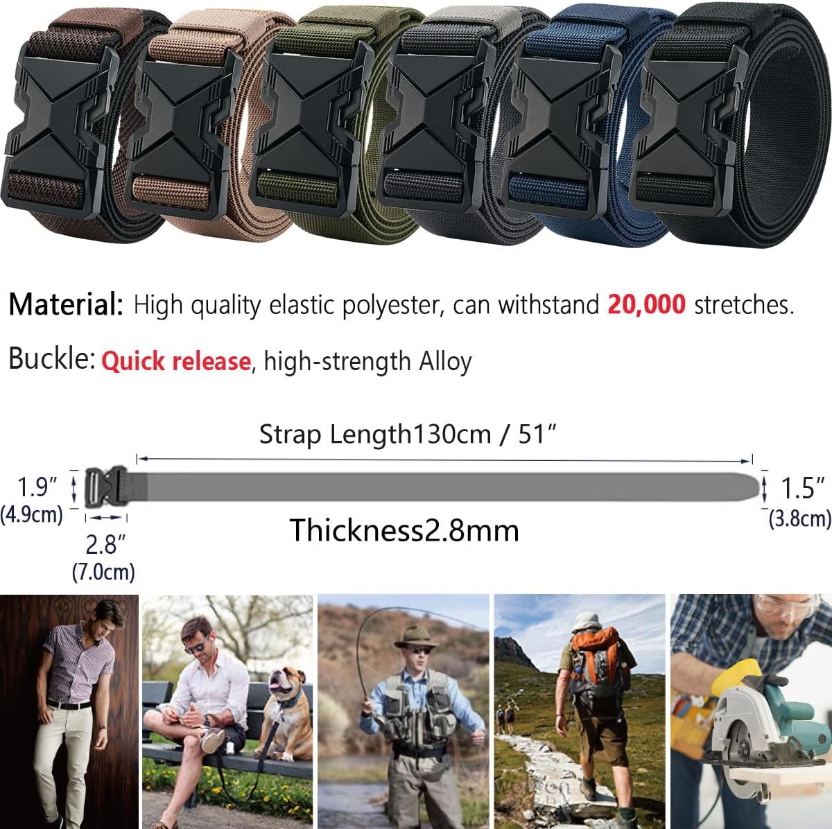 LionVII Heavy Duty Quick Release Belt, Elastic Stretch 1.5" Web Work Belts with Alloy Buckle for Waist Size 28-48"