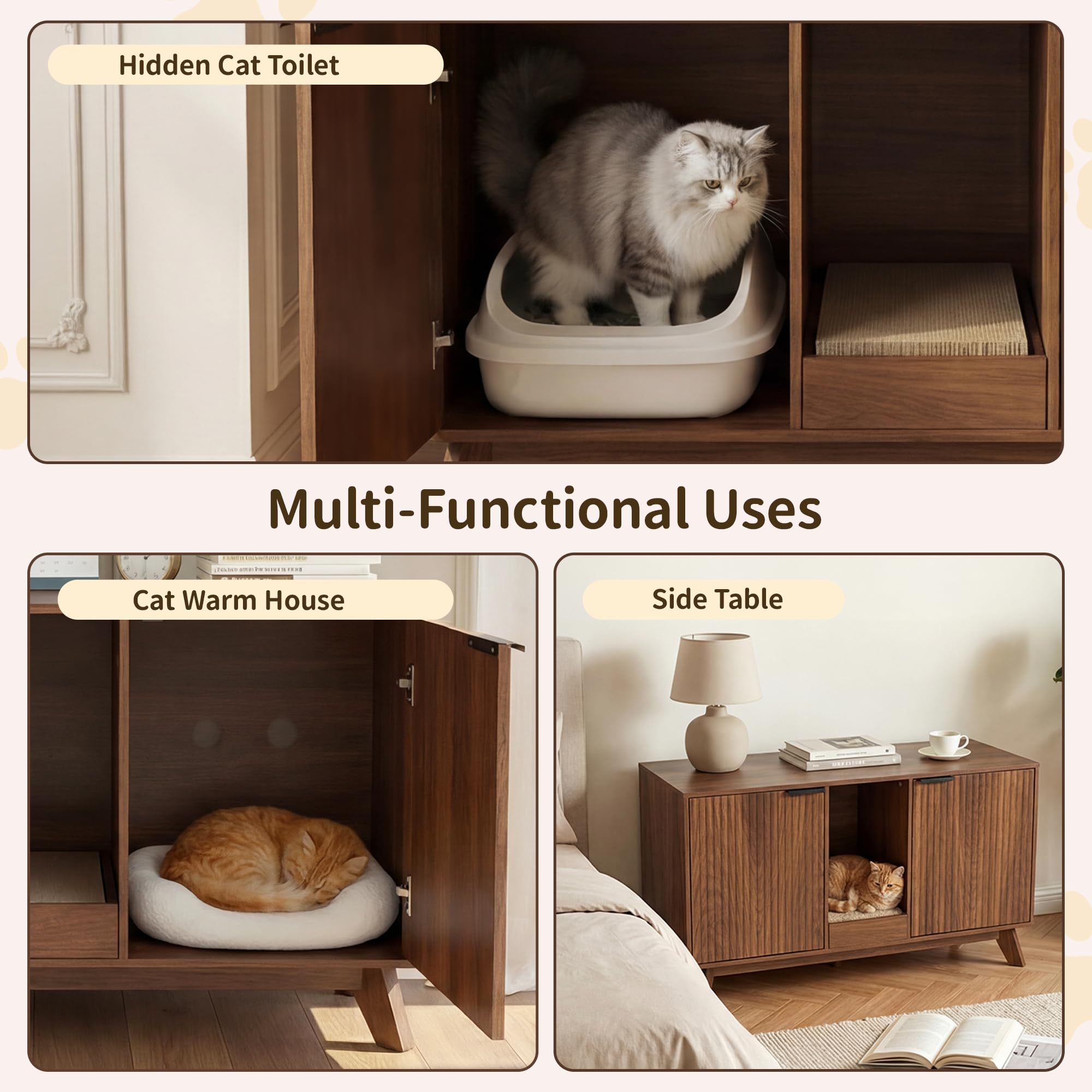Double Cat Litter Box Enclosure for 2 Cats,Fluted Hidden Litter Box Furniture with Litter Collector & Scratch Pad,47" Large Enclosed Cat Cabinet,Cat House,TV Stand,for Living Room,Walnut - image 6