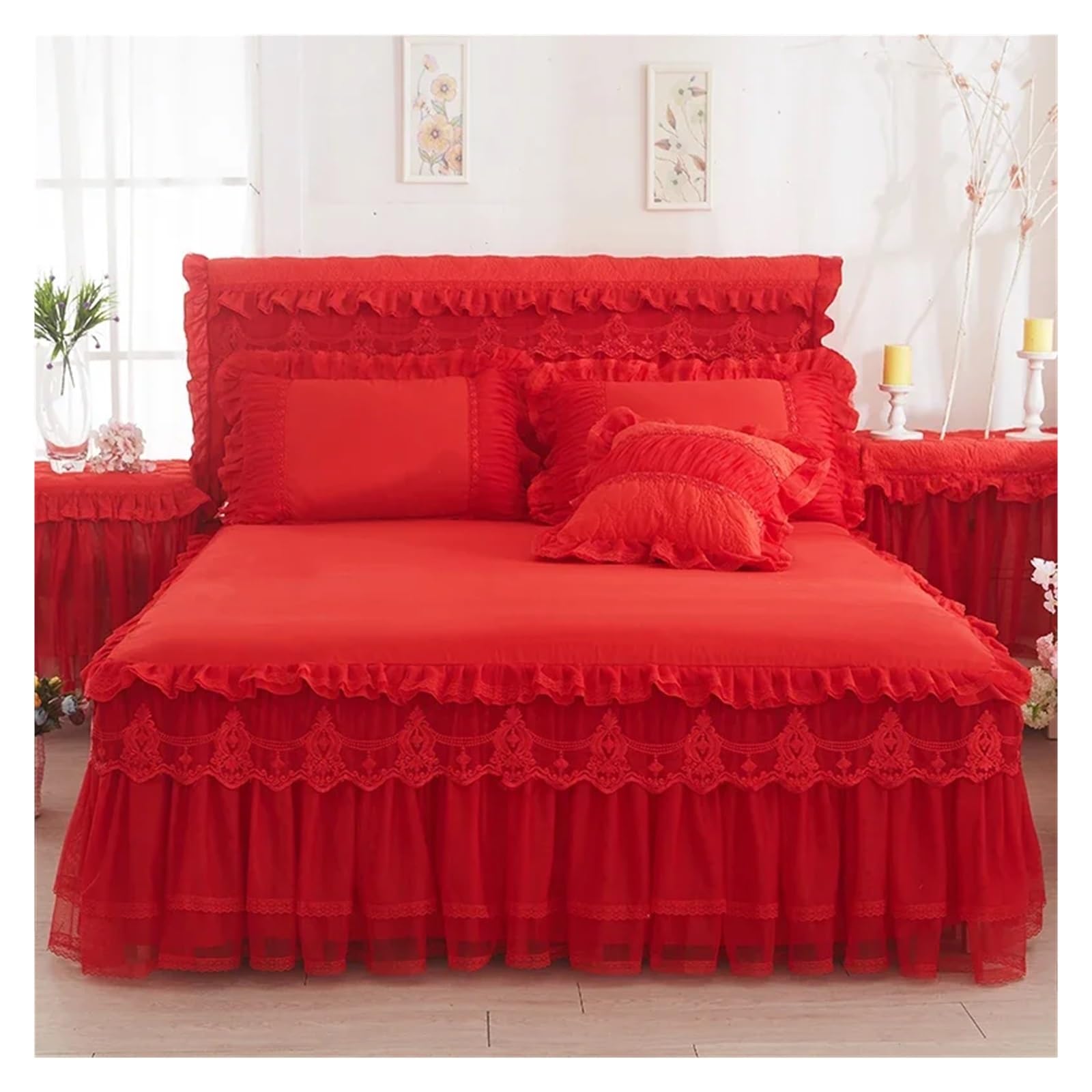 3 Pcs Bedding Set Princess Lace Bed Skirts Bedspreads Queen King Size Cute Bed Sheet for Girl Bed Cover Home Textiles(Red,180x200cm 3pcs)
