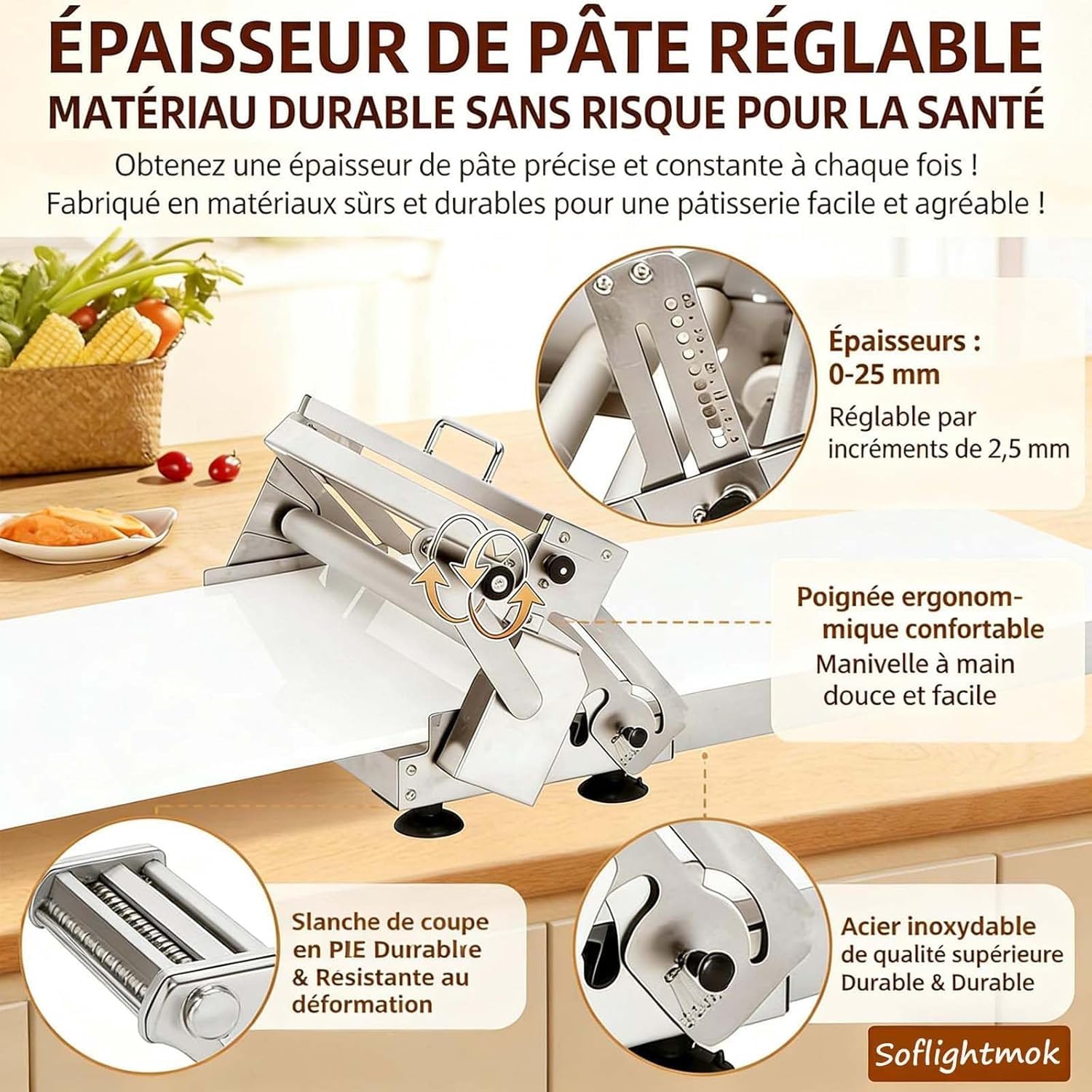 Sfogliatrice per Pasta Professionale Regolabile 0-25mm, Type 300 – Macchina Manuale Pieghevole per Pasta Sfoglia, Fresca e Fondant – Rullo con Manovella per Cucina e Pasticceria
