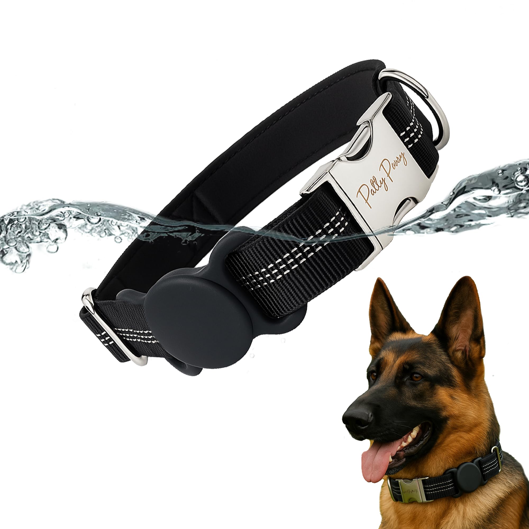 Petty Perry AirTag Holder Dog Collar for Large Medium Dogs, Adjustable Nylon Dog Training Collar with Quick Release Buckle, Reflective Heavy Duty