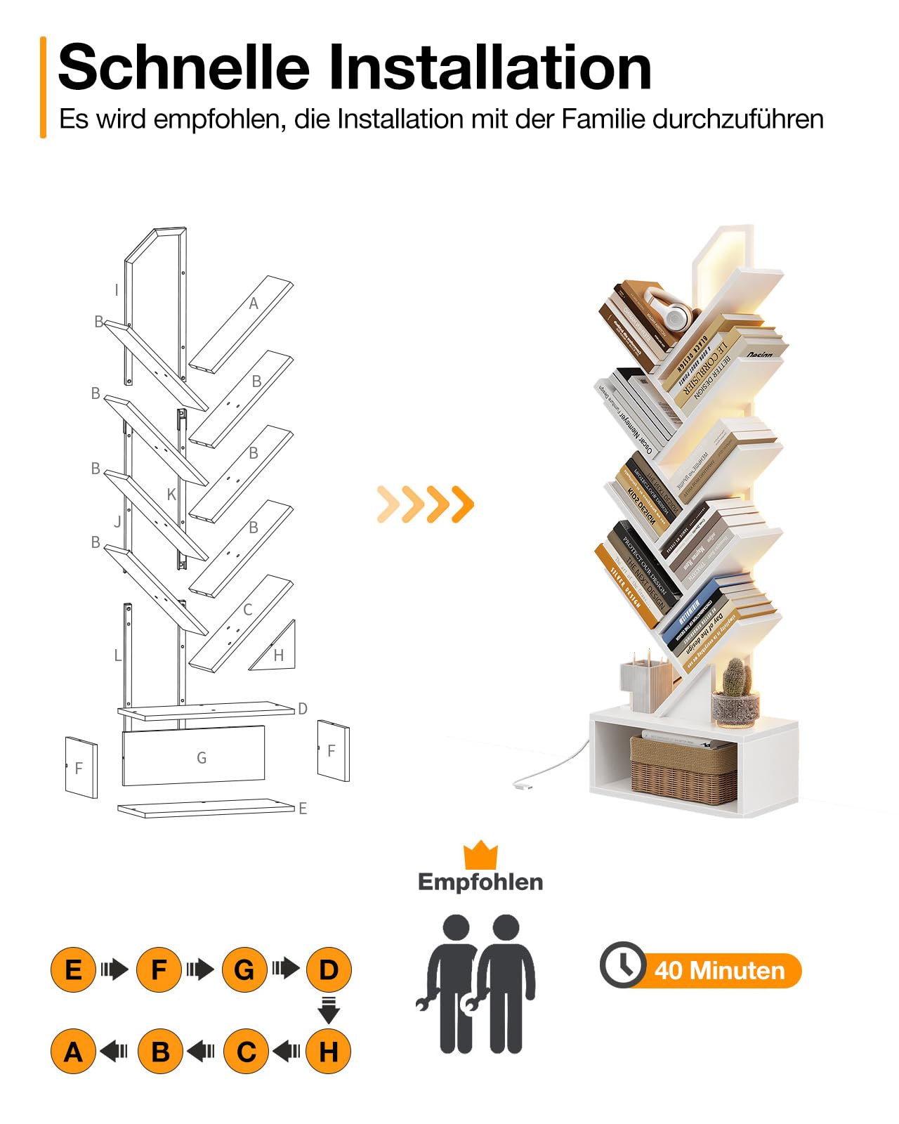 Coleshome Bücherregal im Baumform mit LED-Beleuchtung, Standregal mit 8 Ebenen, Holz Bücherregal für Wohnzimmer & Schlafzimmer, Weiß