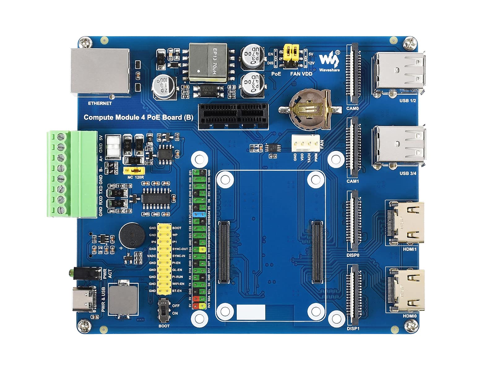 Waveshare Raspberry Pi Compute Module 4 IO Board with PoE Feature (Type B) Suitable for Variants of CM4