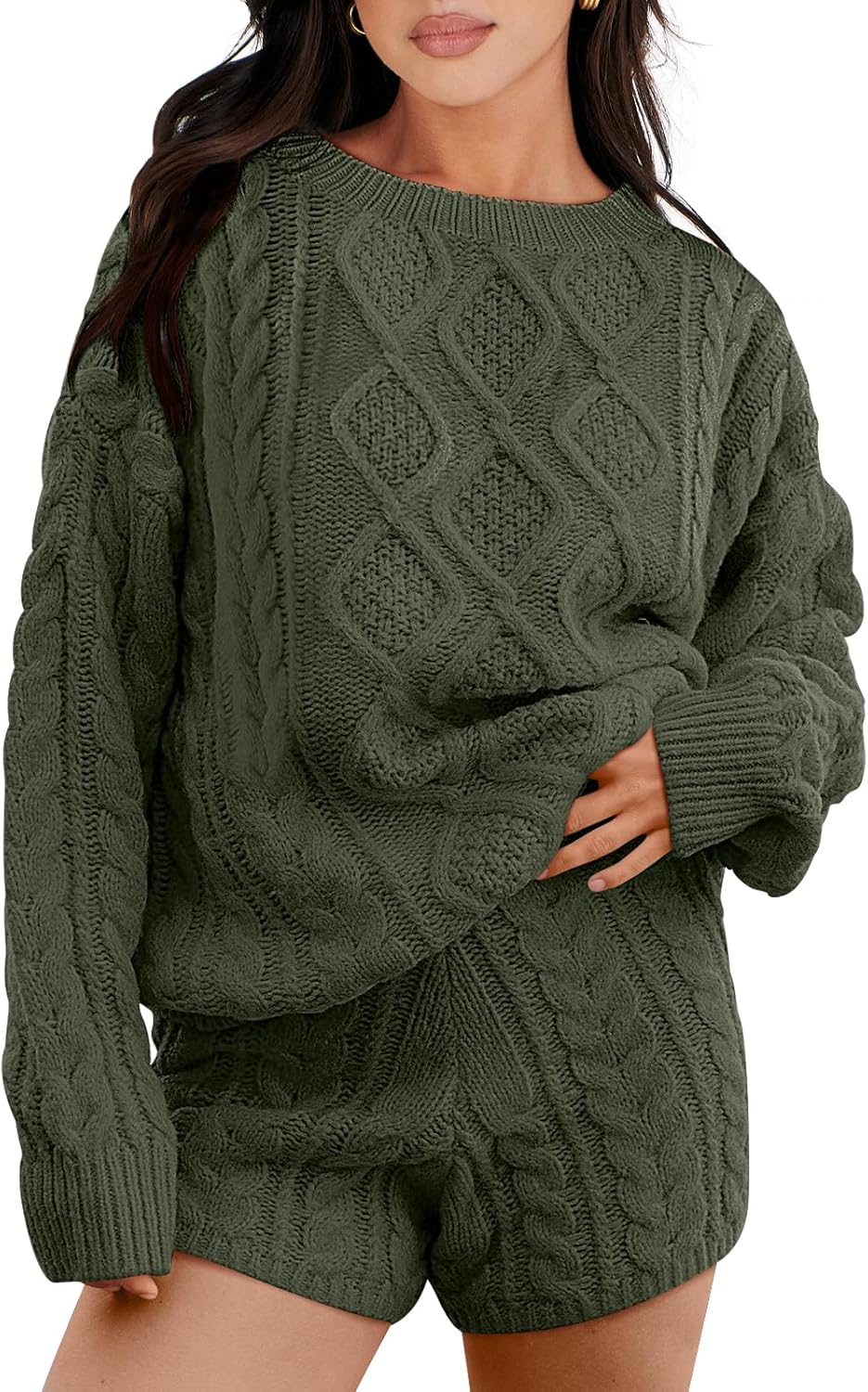 ANRABESS Women 2 Piece Outfits Sweater Lounge Loungewear Sets 2025 Winter Cable Knit Oversized Sweaters Shorts Matching Sets