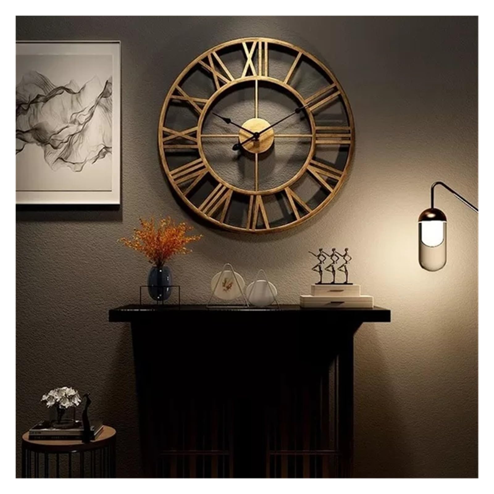 60 CM Grandi Orologi Da Parete 3D Numeri Romani Retro Rotondo In Metallo Ferro Accurato Silenzioso Nordico Appeso Ornamento Decorazione Del Soggiorno Funzionamento Silenzioso(BLACK)