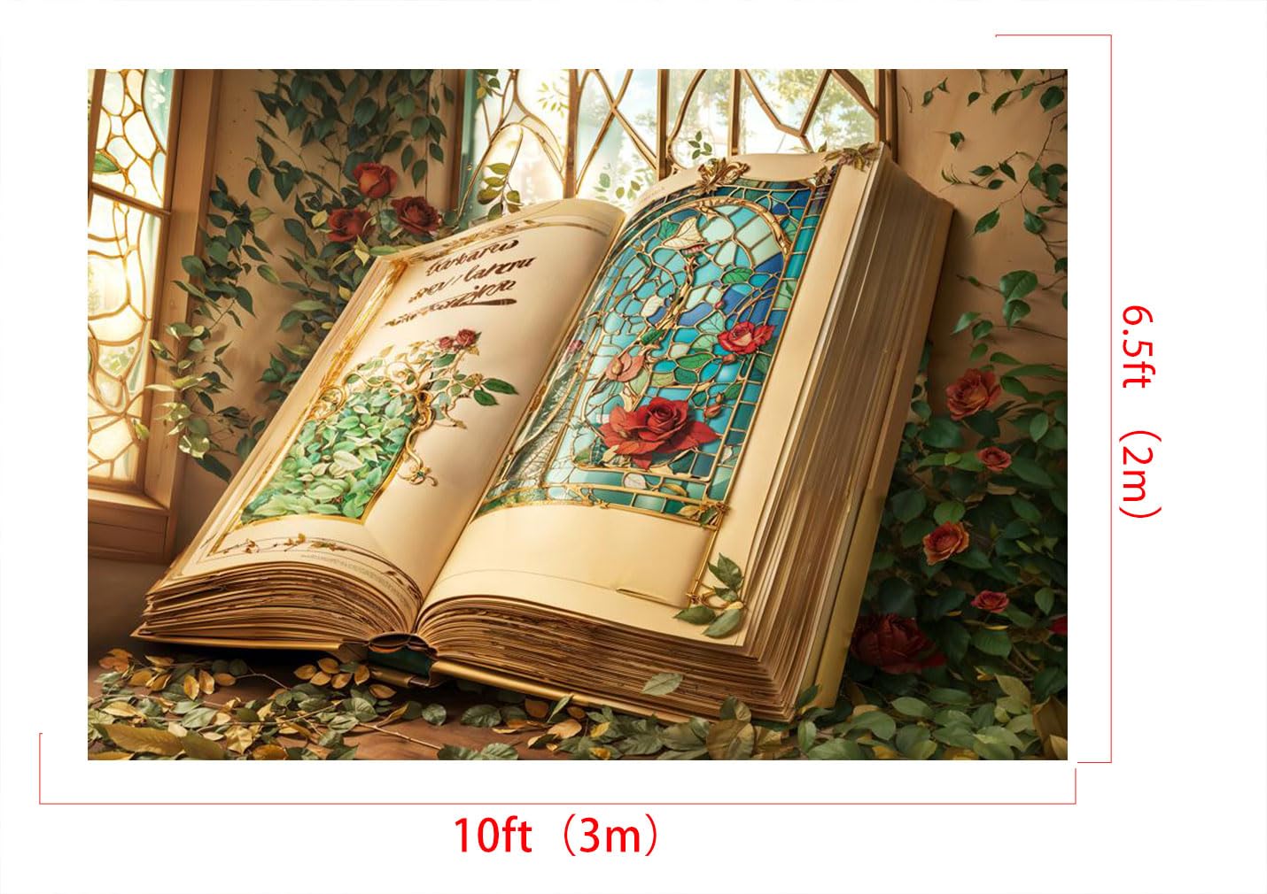Kate-Hintergrund 3 x 2 m magischer Buch-Hintergrund für Fotos Rosenblumen-Fensterbank Fotografie-Hintergrund Babyparty Geburtstag Dekorationszubehör