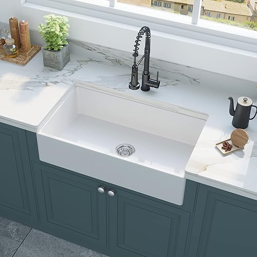 Miniatura 8 de Hercate - Fregadero blanco de 33 pulgadas, delantal de arcilla refractaria blanca de 33 pulgadas, fregaderos de cocina de cerámica con rejilla