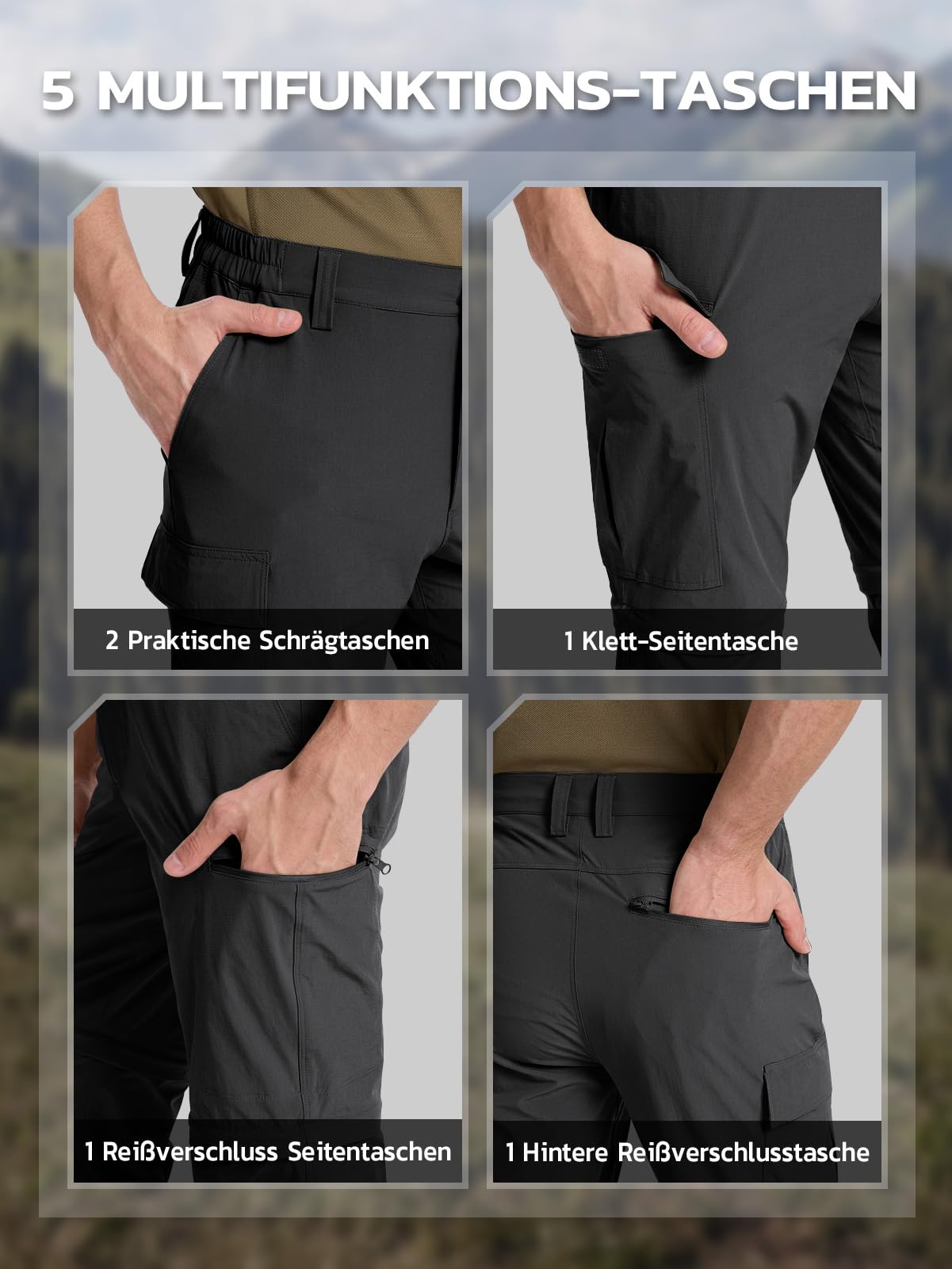 Hiauspor Pantaloni da Escursionismo da Uomo con Zip, Pantaloni da Esterno Leggeri, ad Asciugatura Rapida, Traspiranti per Trekking, Pesca, Campeggio