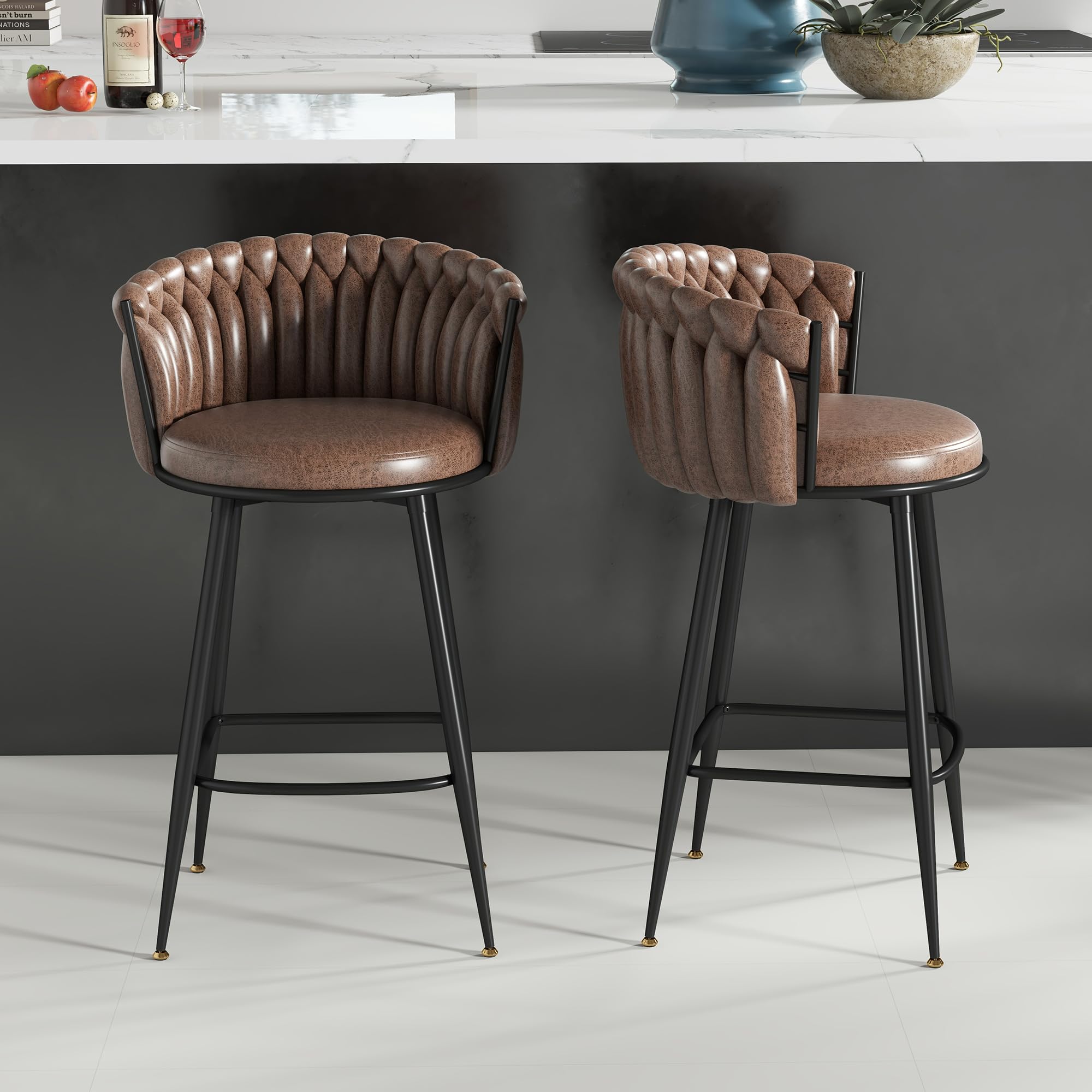ABET Counter Stools Set of 2, Leathaire Hand-Woven Barstools, Seat Height 27″ Bar Chairs with Upholstered Backrest, Modern Luxurious Kitchen Chairs