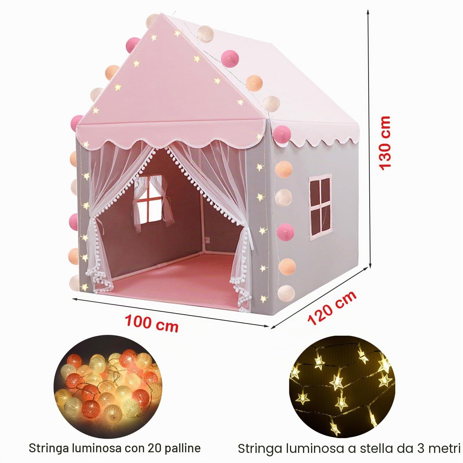 Tenda per Bambini Cameretta, Tenda Gioco Bambina Capanna per Ragazza da Interno, Casetta per Figliola‌ per Regalo di Natale (Rosa & Grigio,100×120×130cm)