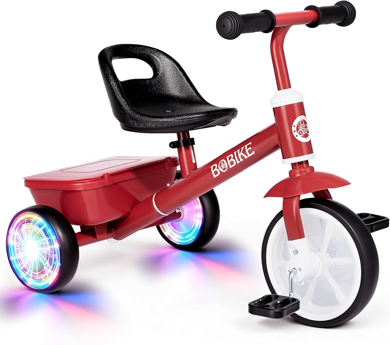 Triciclo para niños de 2 a 5 años, triciclo con 2 ruedas de luz LED, bicicleta para niños con asiento de 3 posiciones y cesta trasera, regalo de bicicleta para niños y niñas (rojo)