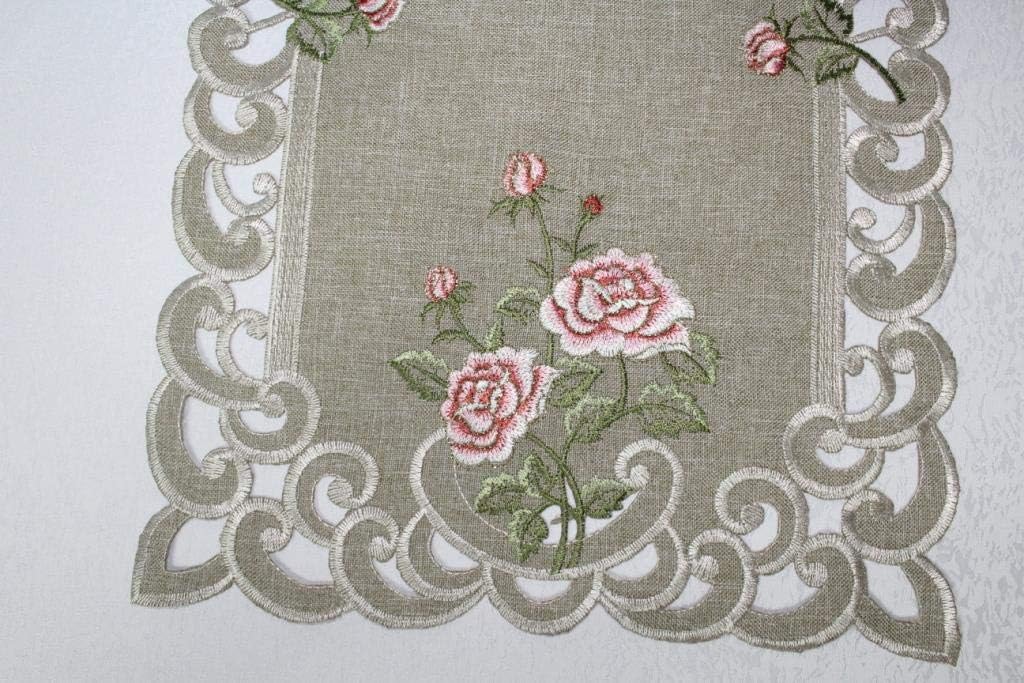 Table Runner or Dresser Scarf with Pink Roses and Sage Green Burlap Linen Material Size 15 x 34 Inches