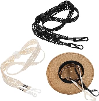 2 PCS Hat Straps for Wind, Adjustable Beige Black Chin Cord, Lace Hat Chin Strap with Clips, Windproof Keeper String for Hats