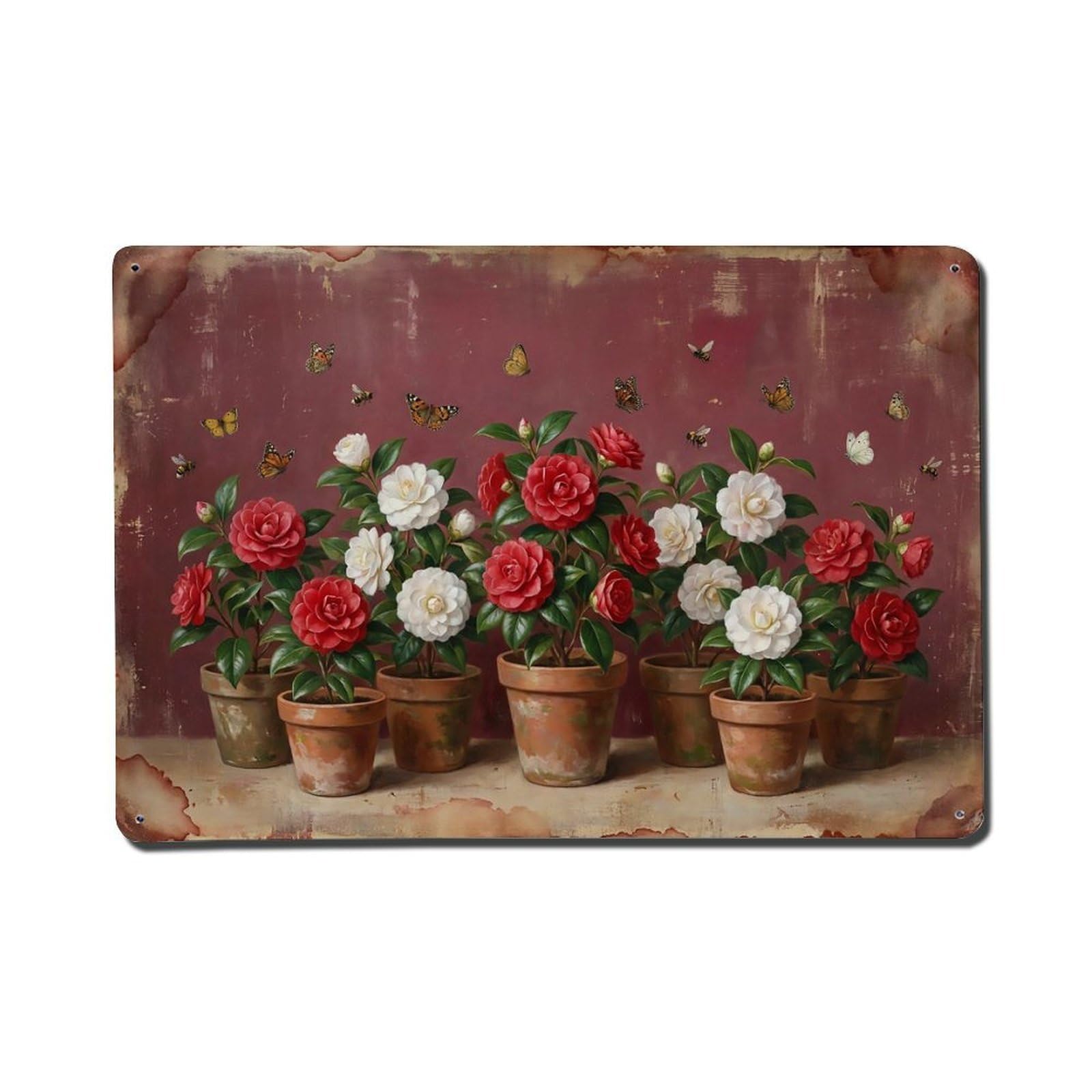 Vintage Rustic Flower Potted Plants Camellia Metal Tin Sign
