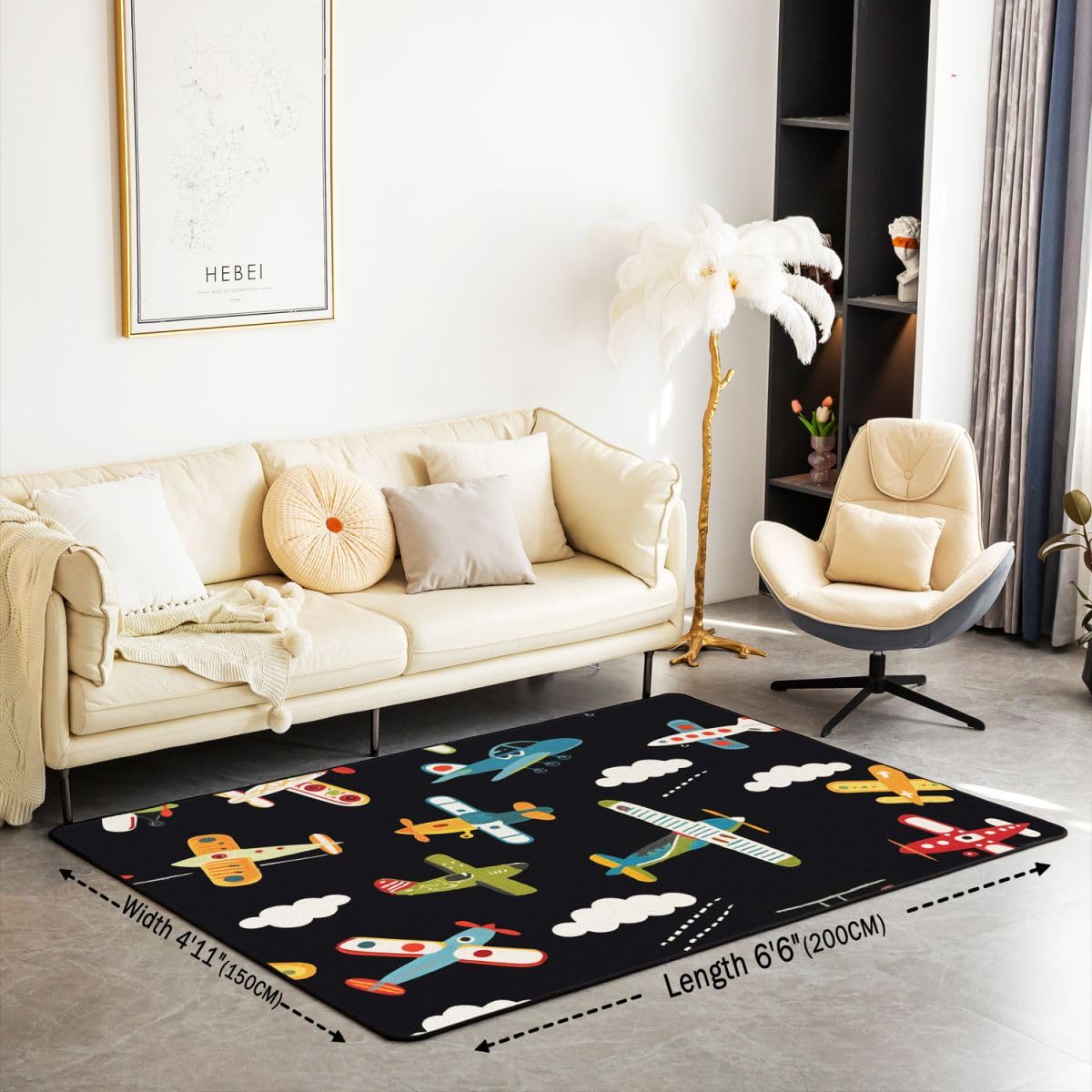 Homewish Uroczy dywan z motywem śmigła, 100 x 150 cm, do sypialni, kreskówka, samolot, samolot, salon, motyw lotniczy, dekoracja podróży, nie gubi włosia, dywan dla dzieci, dziewcząt, białe chmury