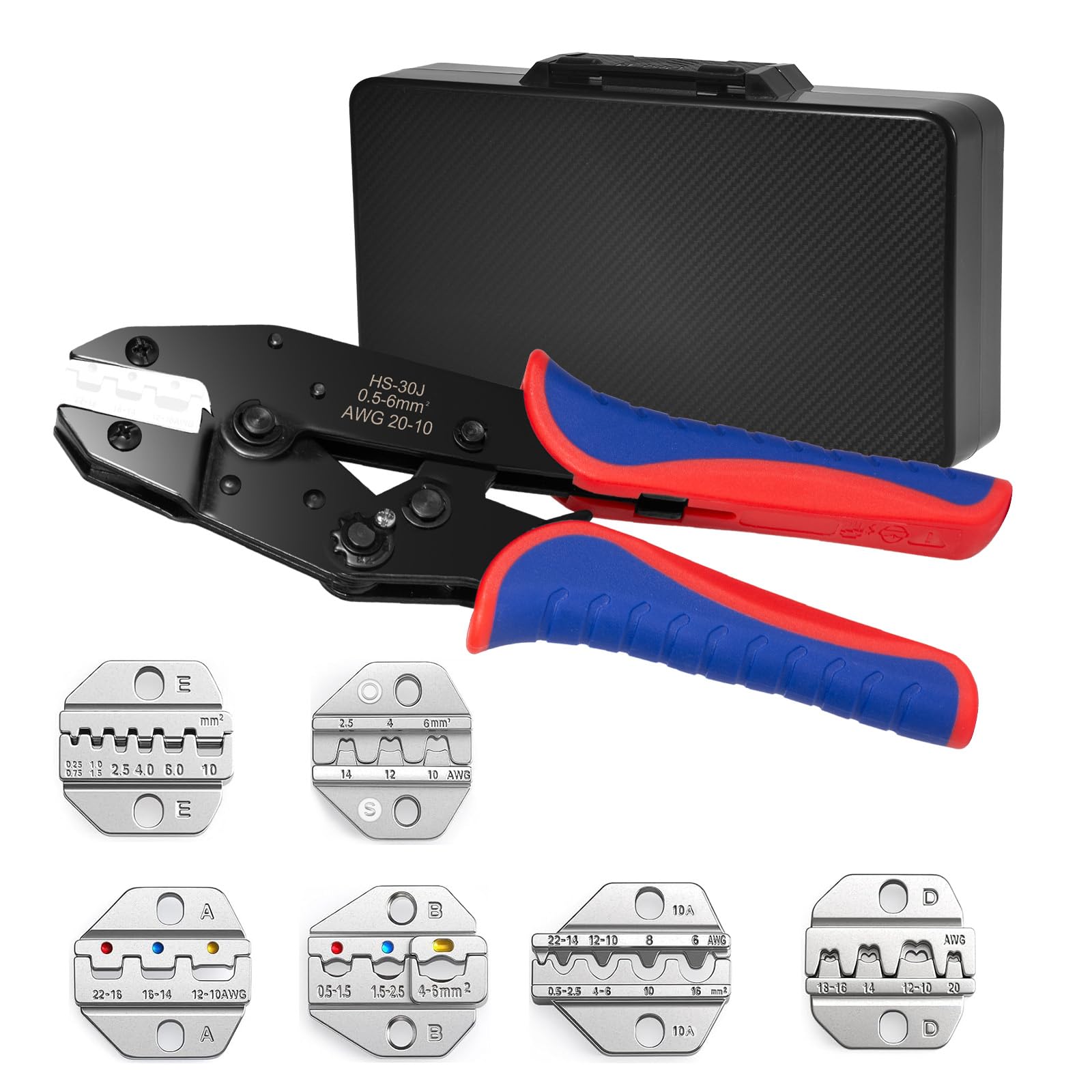 Juego de alicates de crimpado de trinquete con 6 inserciones intercambiables, alicates de crimpado de carga pesada para conectores termocontraíbles, cables aislados/sin aislamiento, férulas