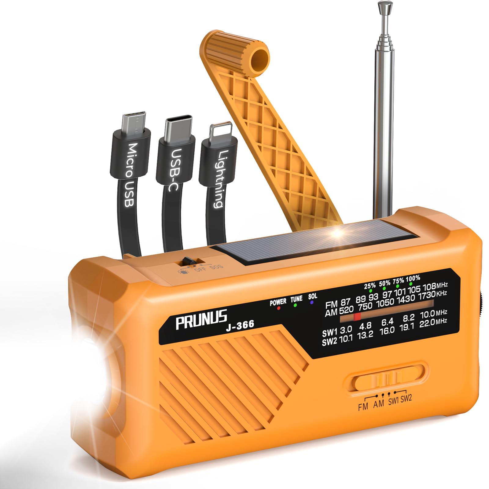 PRUNUS J-366 Radio Portatile Emergenza FM AM SW, 2000 mAh Power Bank con Allarme SOS e Torcia (Giallo)