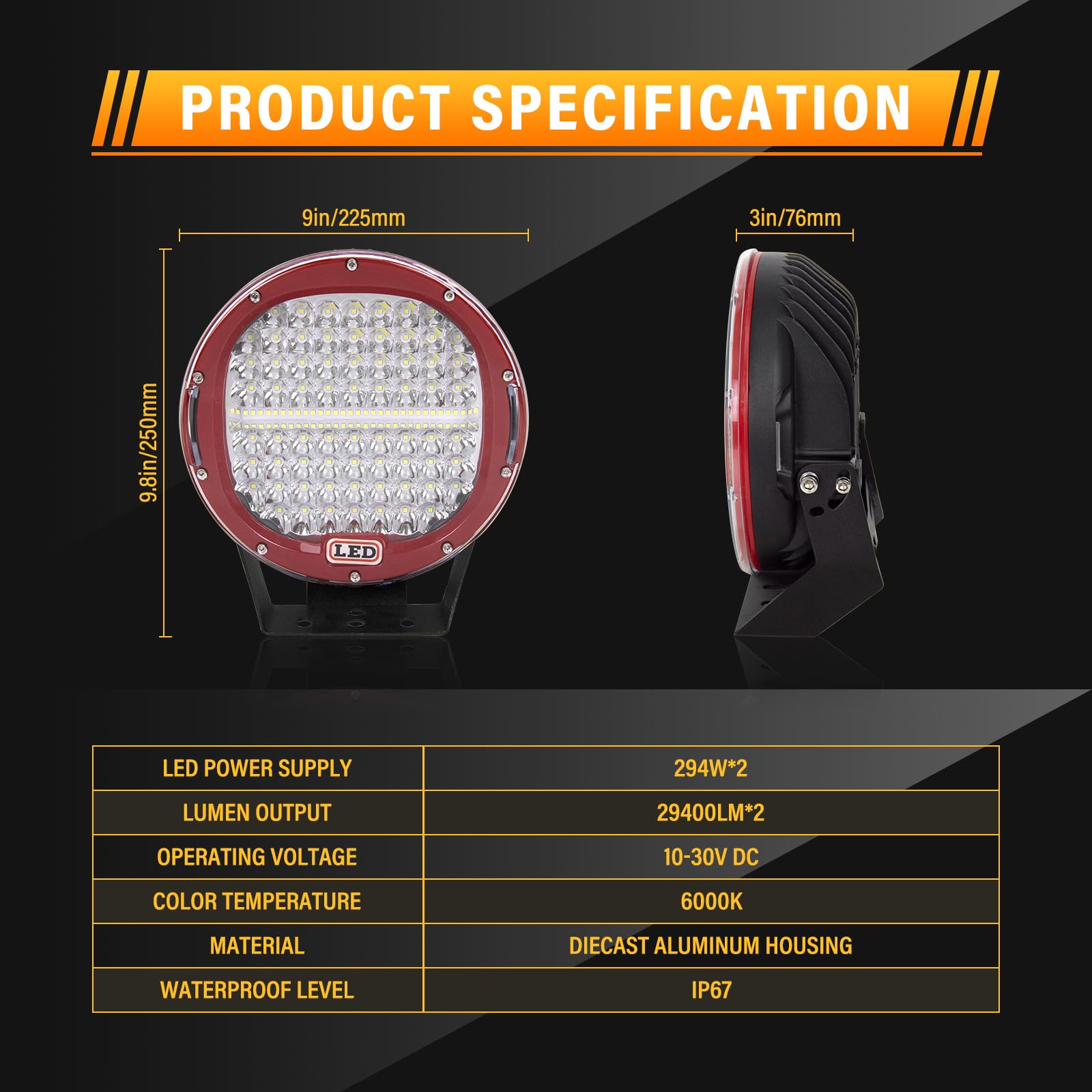RIGIDON 2 faros de trabajo LED, rojo redondo 9 pulgadas, 23 cm, 294 W, focos de trabajo LED, faros de profundidad, para todoterreno, coche, tractor, excavadora, camión, SUV, ATV, 4 x 4,12 V 24 V
