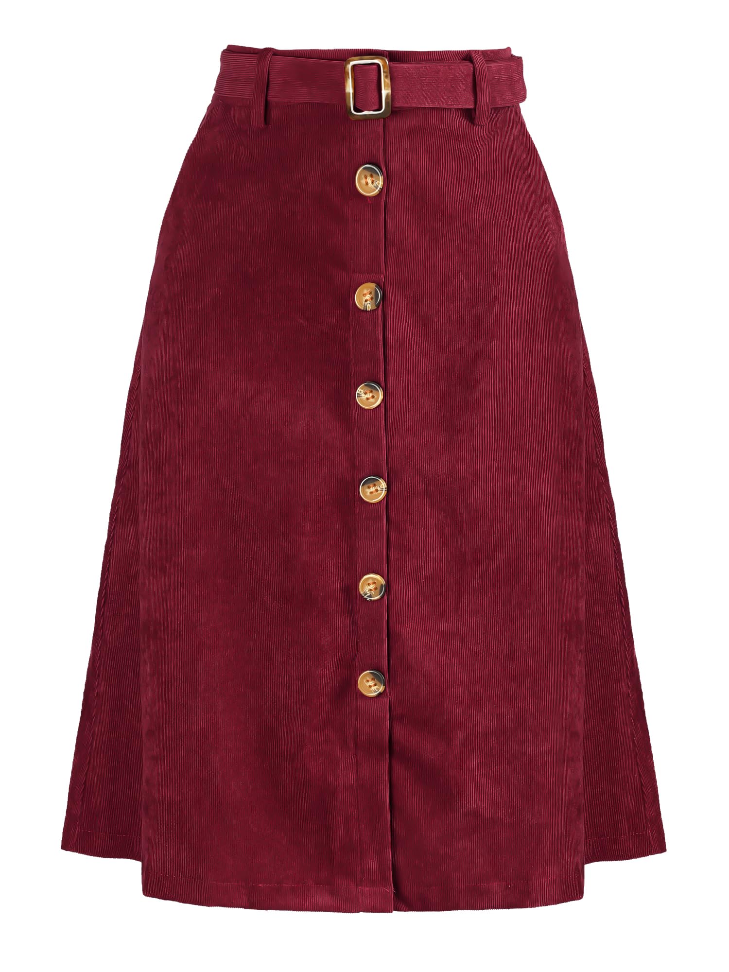 Allegra K Womens High Waist Button Front A-Line Belted Corduroy Midi Skirt