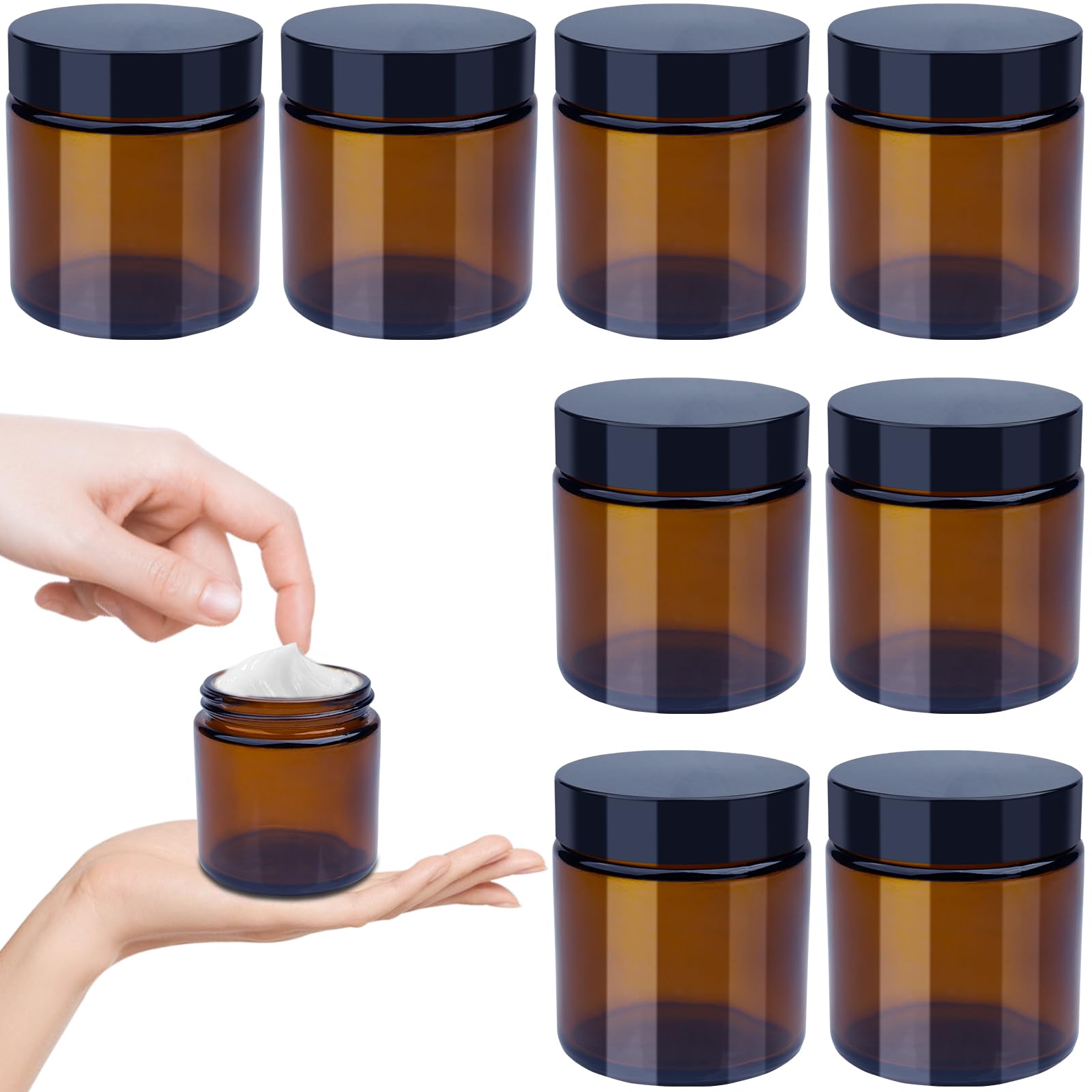 Roellgs Amber Glass Jars, 8 Pack 100 ml Glass Jars with Lids, Brown Travel Cosmetic Containers