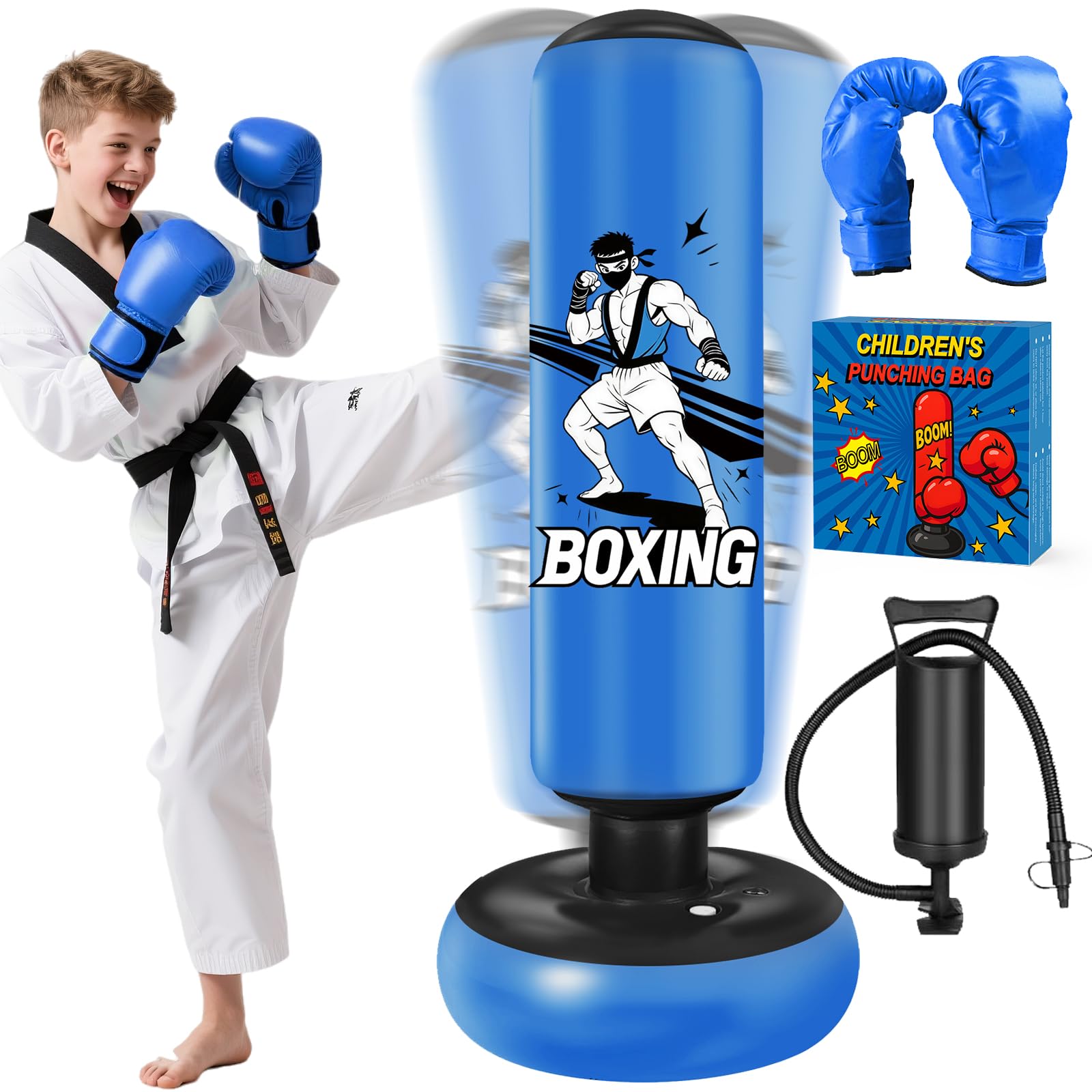Boxsack für Kinder, 168cm Boxsack Stehender, Aufblasbarer Standboxsack mit Boxhandschuhe und Luftpumpe, Boxing Bag, Geschenk für Jungen & Mädchen von 6–15 Jahren Üben von Karate, Kickboxen,Taekwondo