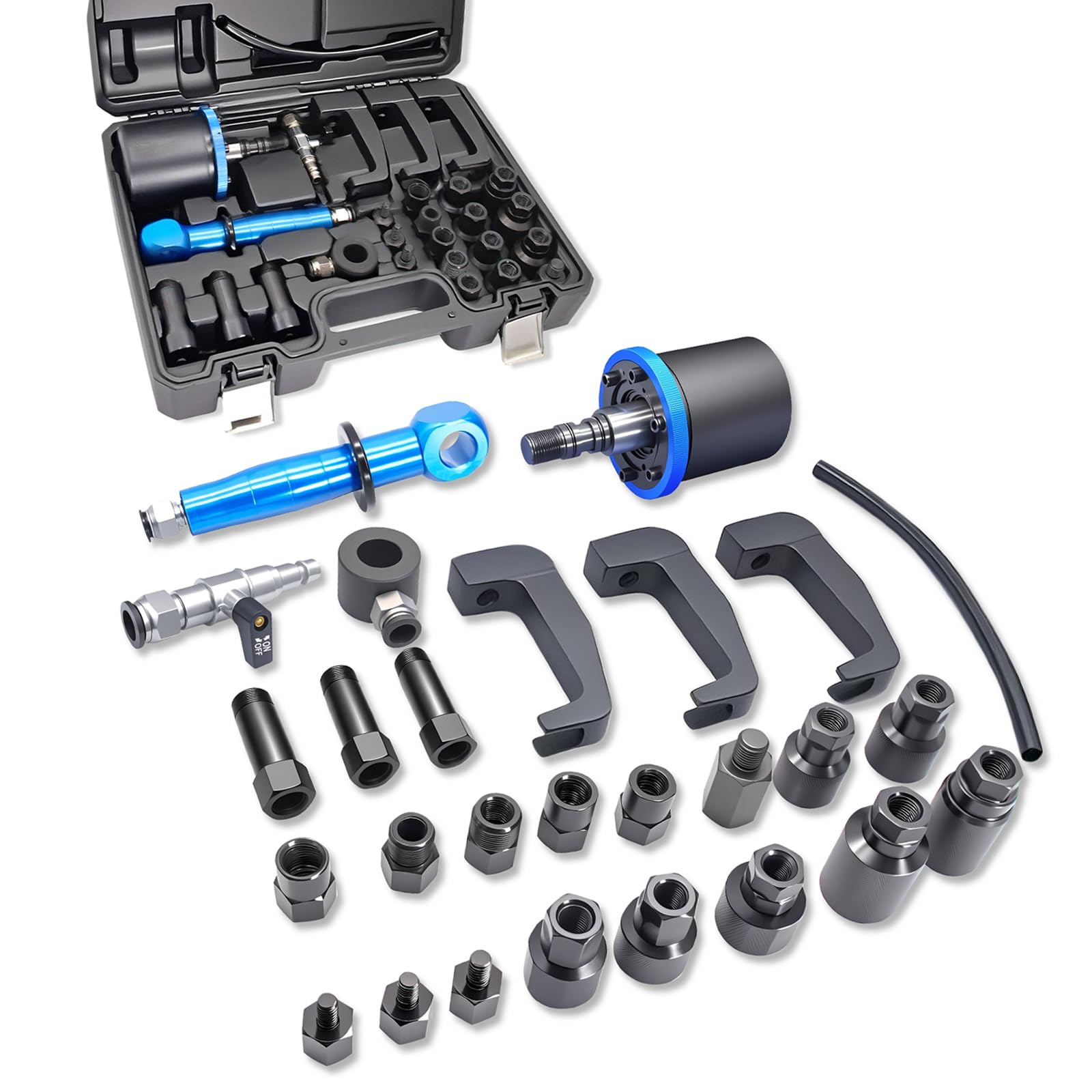 27tlg Handgehaltene Pneumatische Einspritzdüsen Abzieher, Pneumatischer Injektor Werkzeug, Ausbau Werkzeug für Einspritzdüsen mit 19 Adapter Kompatibel mit Bosch, Delphi, Denso, Siemen