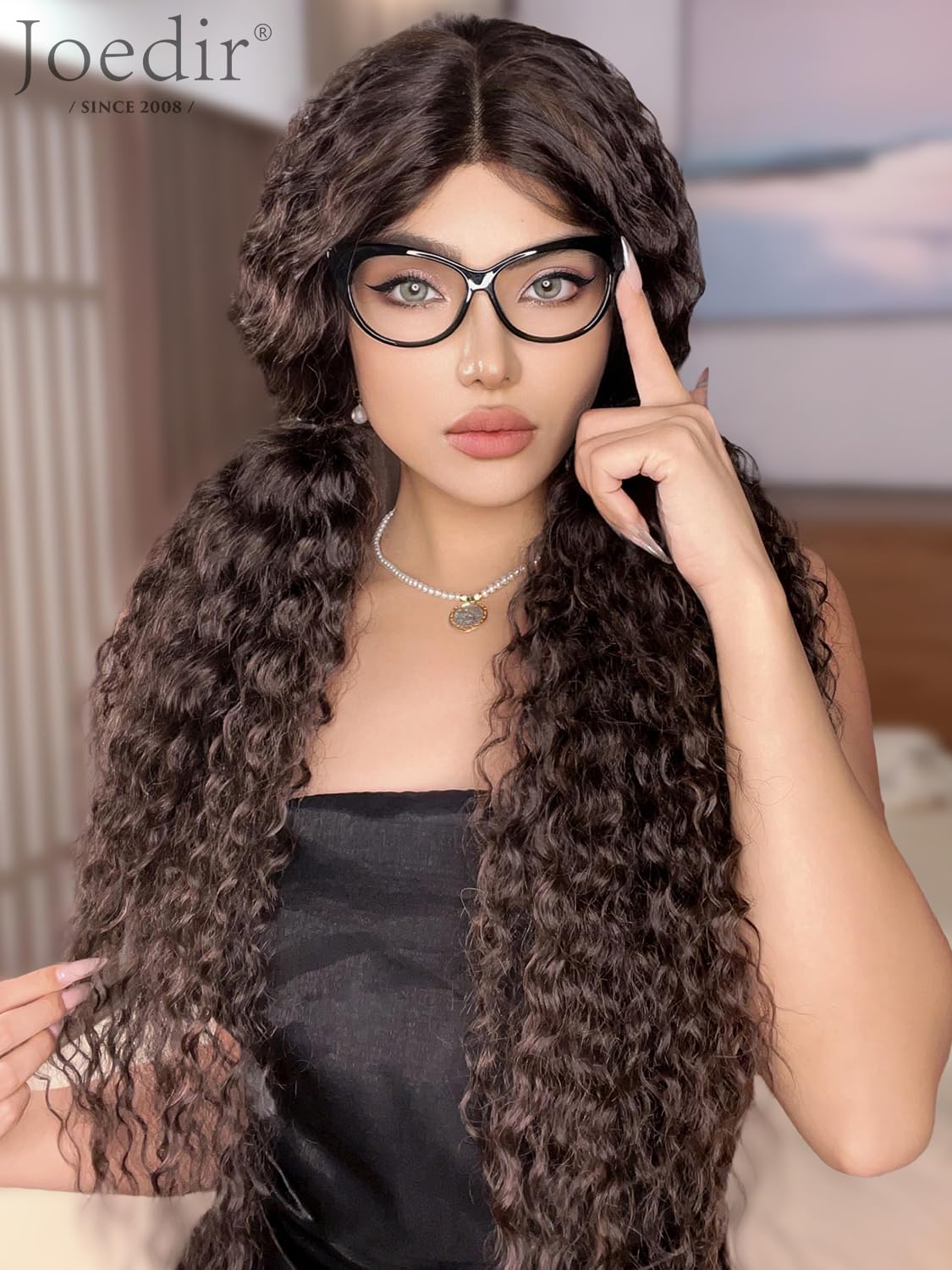 Joedir Long Deep Curly Wavy Lace Front Wig Dark Brown Synthetic Wigs for Women Glueless Lace Wig 30 Inch Middle Part Natural Looking Heat Resistant Fiber Wig for Daily Party Use