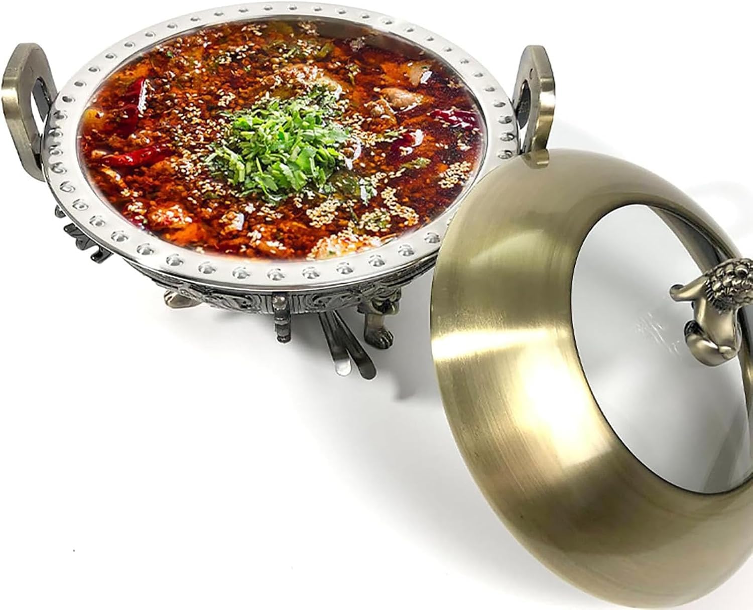 Scaldavivande rotondo professionale, set di scaldavivande in acciaio inox con vaschette per alimenti, supporto in alluminio, coperchio trasparente e supporti per il combustibile.