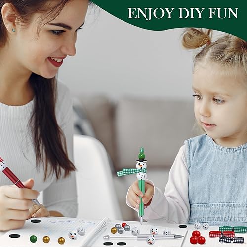 Miniatura 7 de NEWEST Kit de 12 bolígrafos de Navidad con cuentas de muñeco de nieve con 48 cuentas y 3 cintas, kit de fabricación de bolígrafos de tinta negra,
