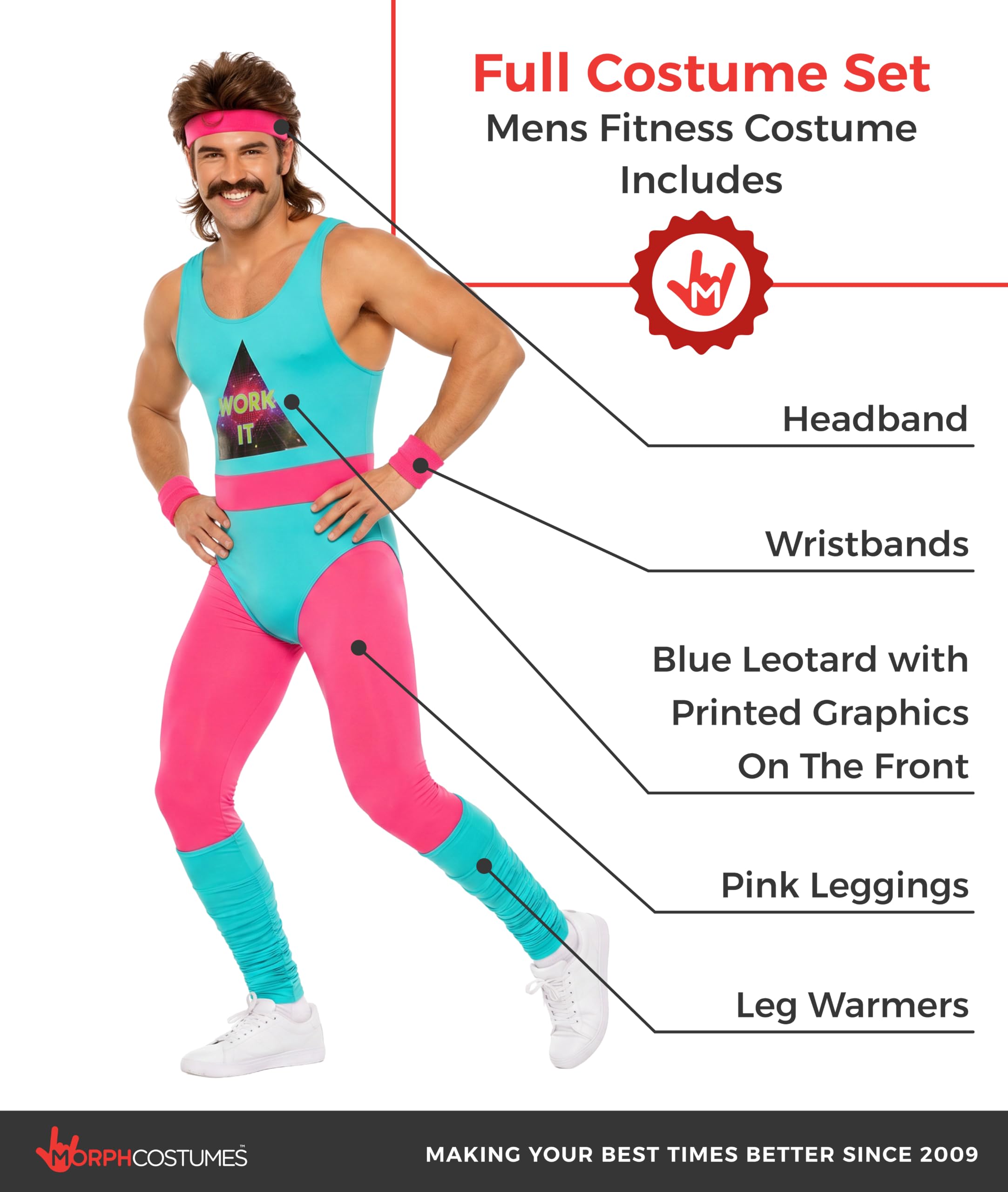 Fun Shack Strój Instruktora Fitness z Lat 80. Niebieski Trykot Aerobik Ocieplacze Opaska dla Mężczyzn