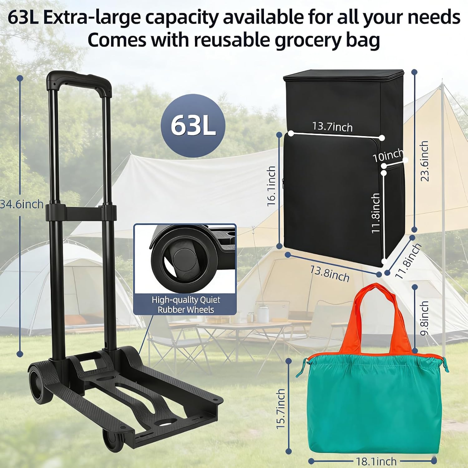 114-63L Cooler on Wheels with Handle, Insulated Leakproof Soft Cooler Carry Bag with Wheels and Handle Collapsible, Wheeled Cooler, Rolling Cooler Bag for for Camping, Fishing, Travel