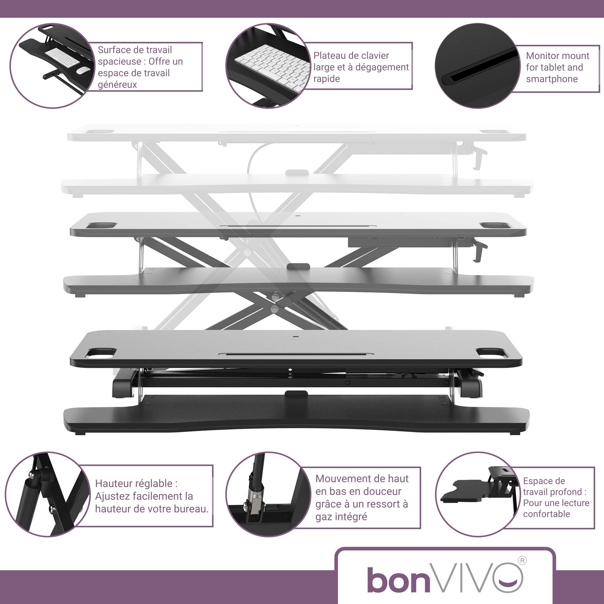 bonVIVO Bureau debout réglable en hauteur 95 x 40 cm – Rehausseur de position assise transforme n'importe quelle station de travail en bureau debout – Charge maximale : 15 kg – Noir