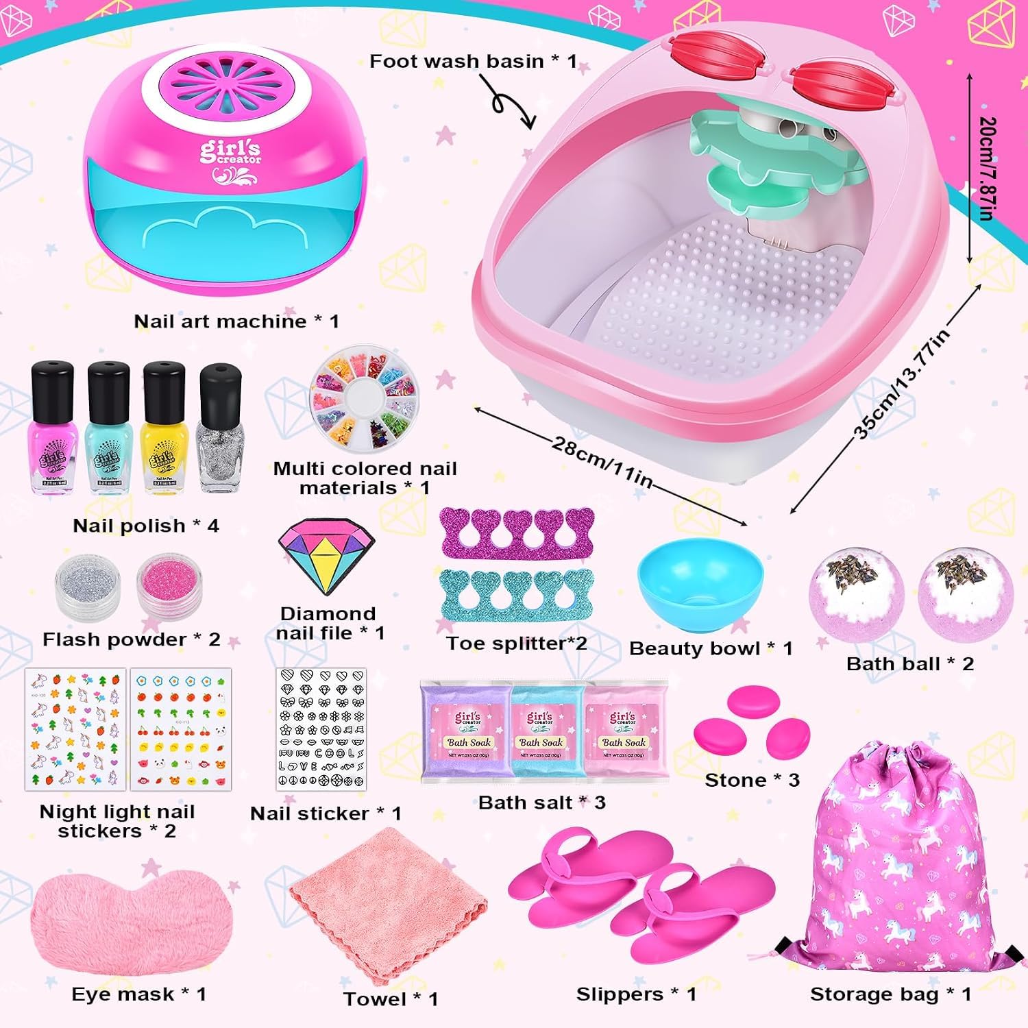 JONRRYIN Nail Studio per Bambini e Ragazze, Set Nail Studio Bambini & Spa per i Piedi, Pediluvio con Idromassaggio, Regali per Ragazze Set Smalto per Unghie, Nail Art Bambini 6 7 8 9, DIY Valigetta
