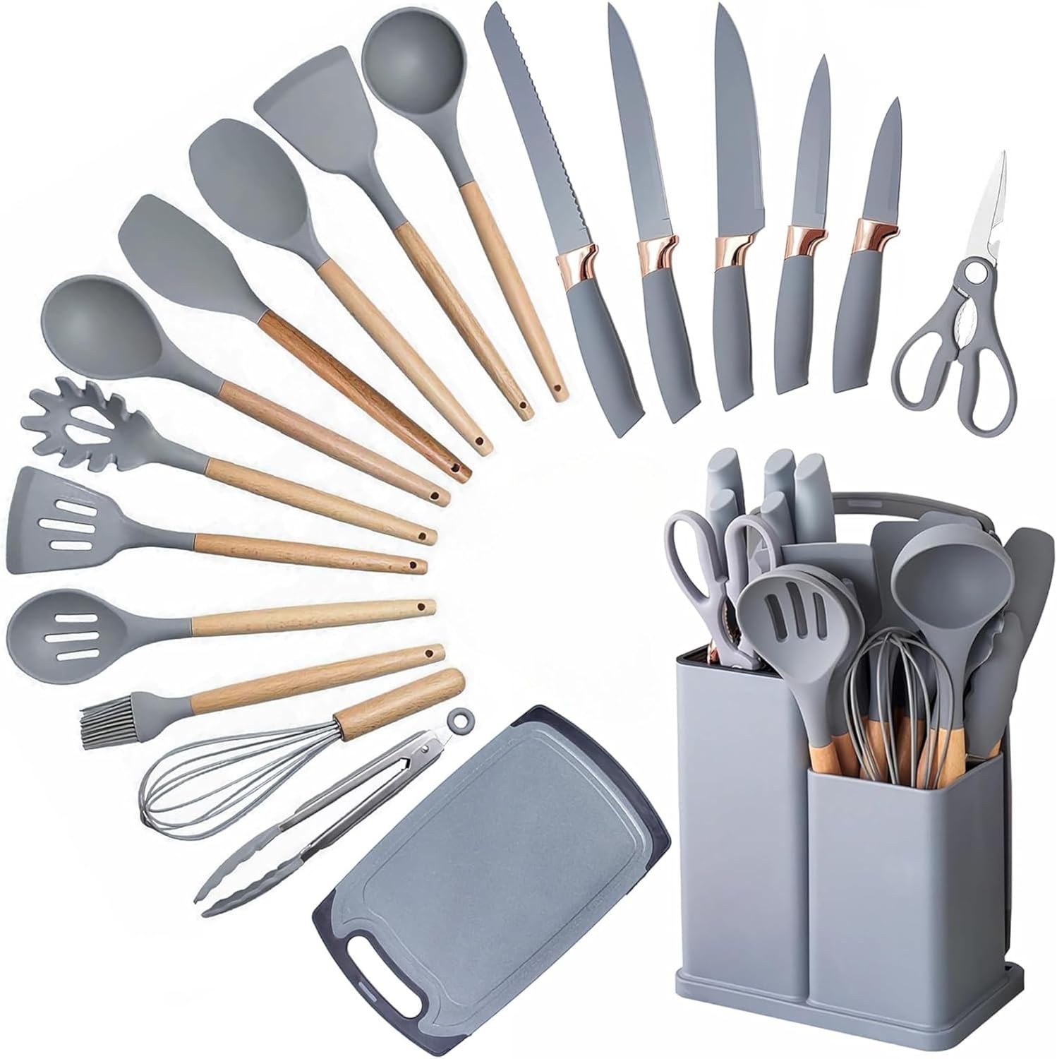 Shinehub 19-Piece Kitchen Utensils Set – Heat-Resistant Silicone Cooking Utensils & Spatula Set – 6-Piece Sharp Knife Set & 2 Cutting Boards – Non-Stick, Durable, Essential Kitchen Tools
