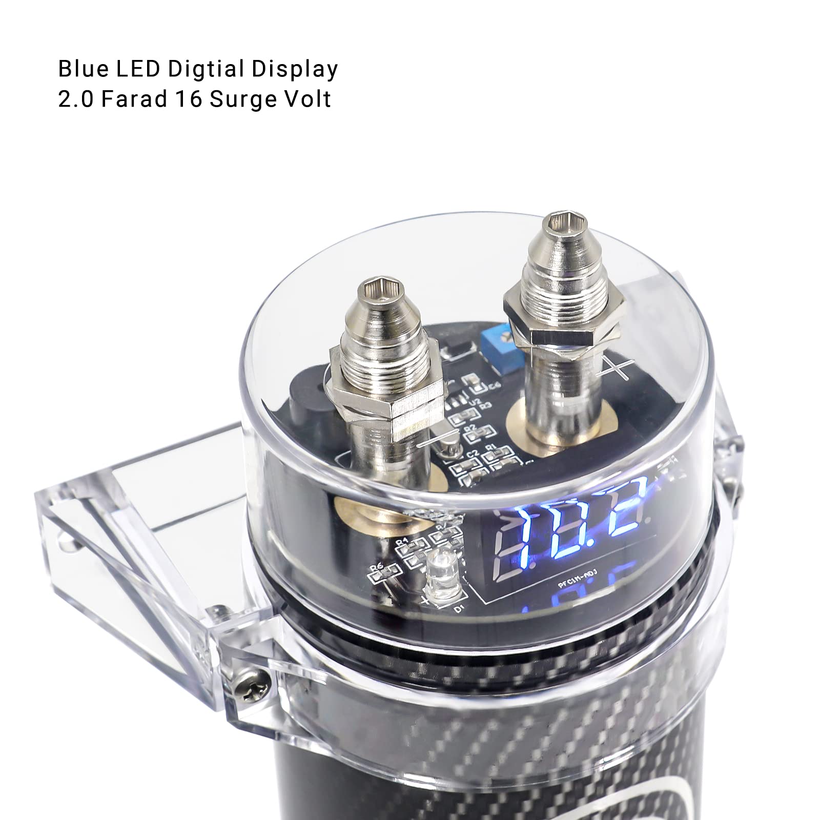 RECOIL R2D Condensador de 2.0 Faradios para Amplificador de Coche – Voltímetro Digital Azul, Almacenamiento de Energía para Sistemas de hasta 1200W