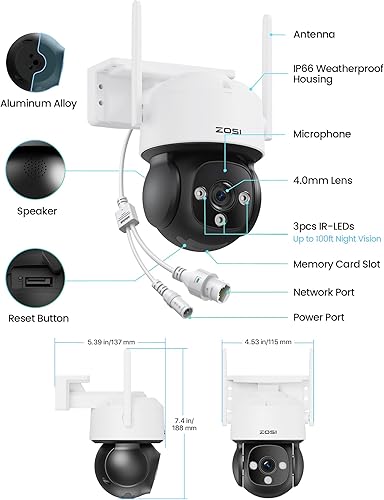 Miniatura 8 de ZOSI Cámara de seguridad C290 4K 8MP UHD con cable WiFi para exteriores e interiores, cámara IP enchufable PanTilt IP, detección de vehículos de
