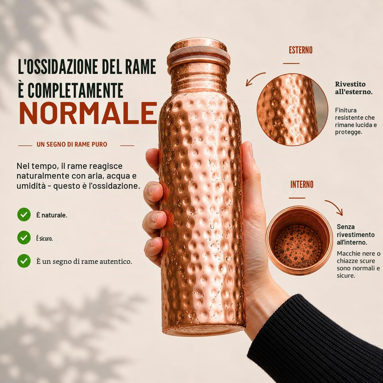 Kosdeg Martellato Bottiglia d’Acqua in Rame Extra Large 1 Litro – Contenitore Ayurvedico a Tenuta stagna – Bevi più Acqua, Riduci Il Consumo di Zuccheri E Godi di Salute Migliore