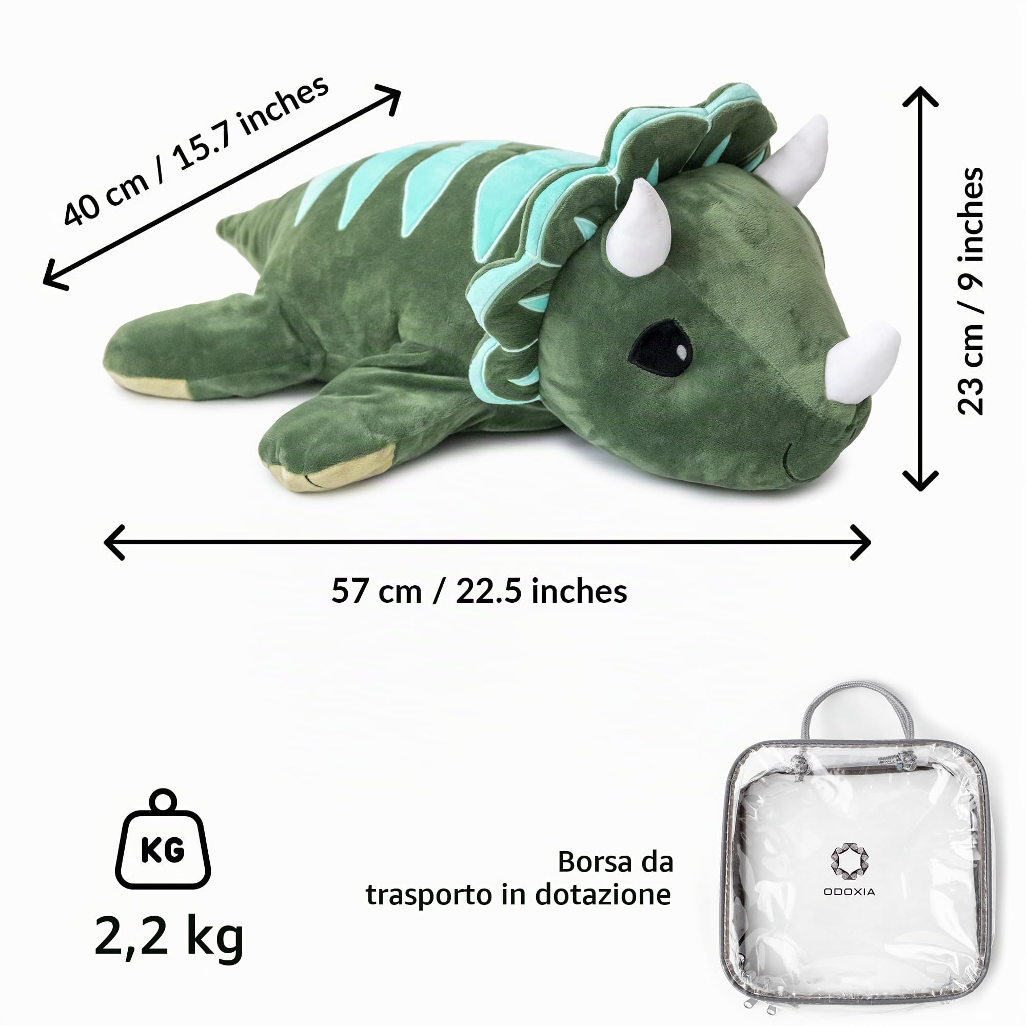 ODOXIA Peluche Ansia Ponderato | Peluche Dinosauro Ponderato 2,3 kg | Antistress per Bambini e Adulti | Calmante Sensoriale | Con Borsa da Trasporto Inclusa | Weighted Plush