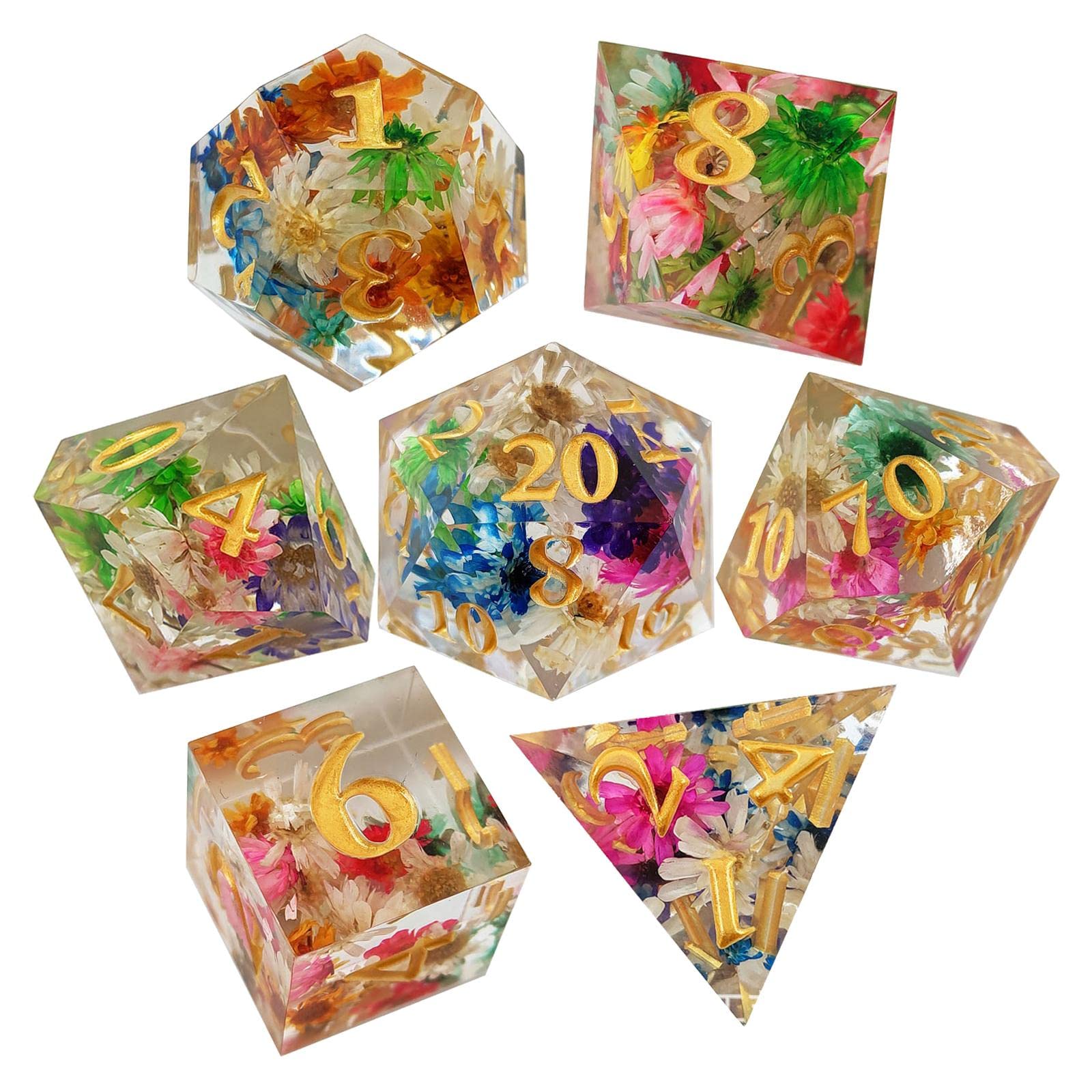 2 set de 7 dés polyédriques transparents en forme de fleur gravée pour les fêtes