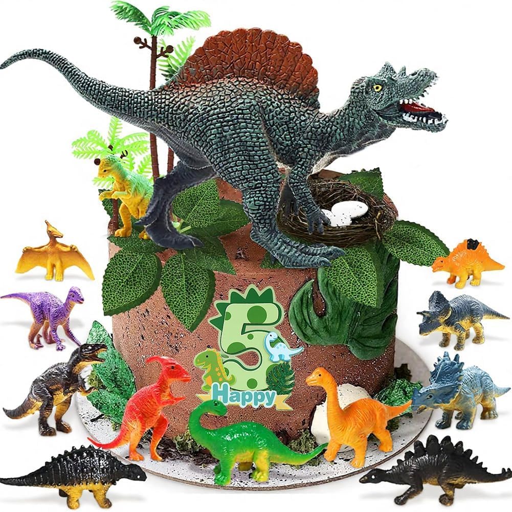 FVGYITG Aged 5 Dinosaur Cake Toppers 27 Pcs Dinosaur Cake Decorations Set with Dino Figures Eggs Palm Tree Aged 5 Dinosaurs Cake Topper Dinosaurs Birthday Decorations for Children Birthday
