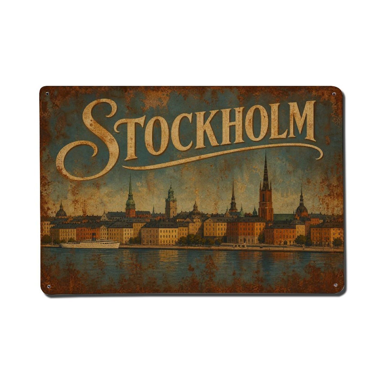 Huiyhb 8X12inch(20X30cm) Vintage Travel Stockholm City Panorama Sweden Metal Tin Sign