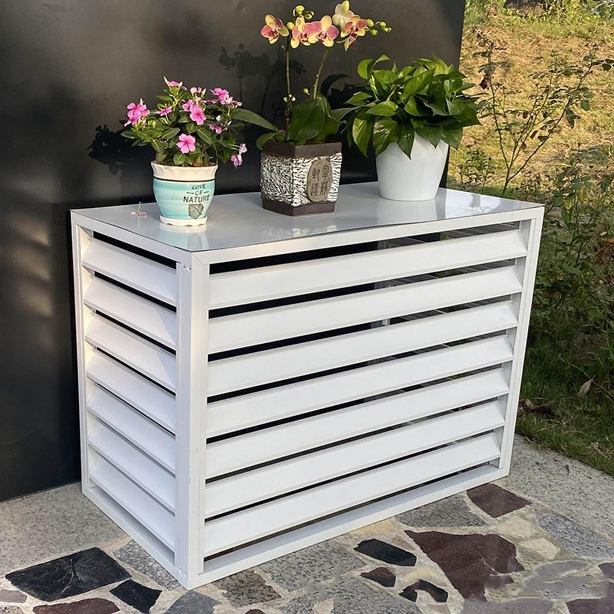 Cache Climatiseur Support De Fleurs À Persiennes Couverture De Climatiseur - Protection De Unité Extérieur Pour Pompe À Chaleur - Aluminium Composite (100x50x70cm, Gray)