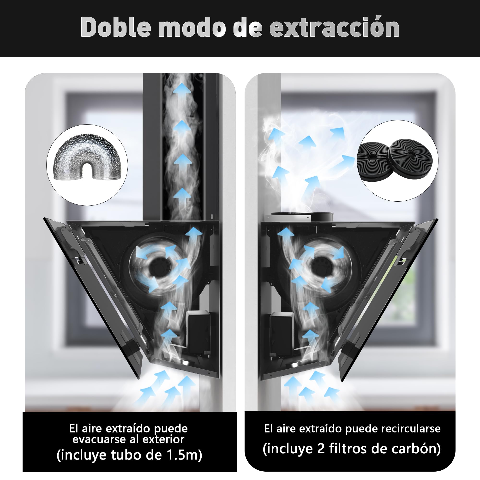 SNDOAS Campana Extractora 90 cm, 800 m³/h, Clase Energética A+++, 3 Velocidades + Modo Turbo, Panel Táctil, Gesture Control, Filtro de Carbono Activado, Recirculación/Extracción, Negro