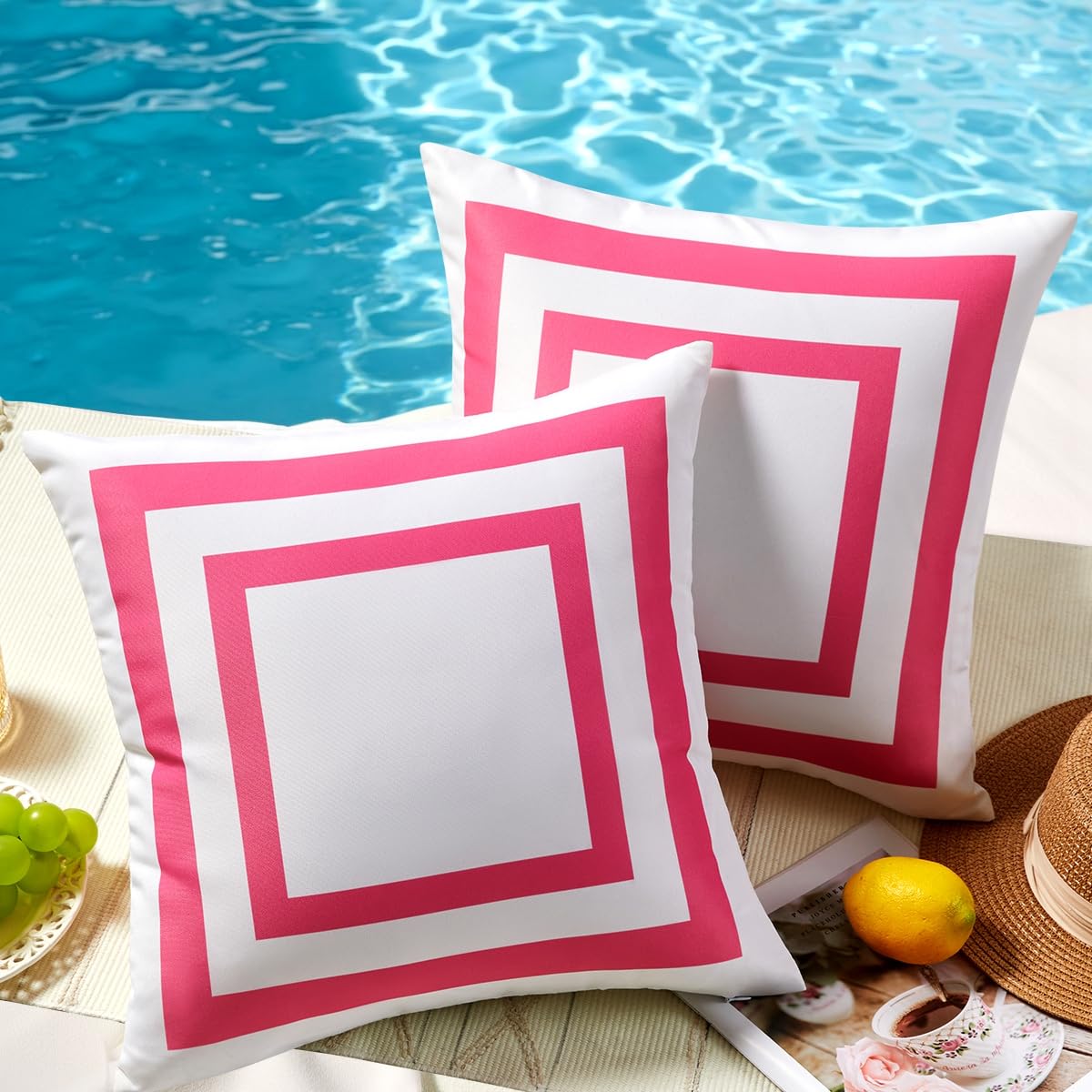 JOJOGOGO 18x18 Hot Pink Frame Outdoor Throw Pillow Covers Waterproof & Sunproof Set of 2, White and Pink Outdoor Decorative Throw Pillows for Patio