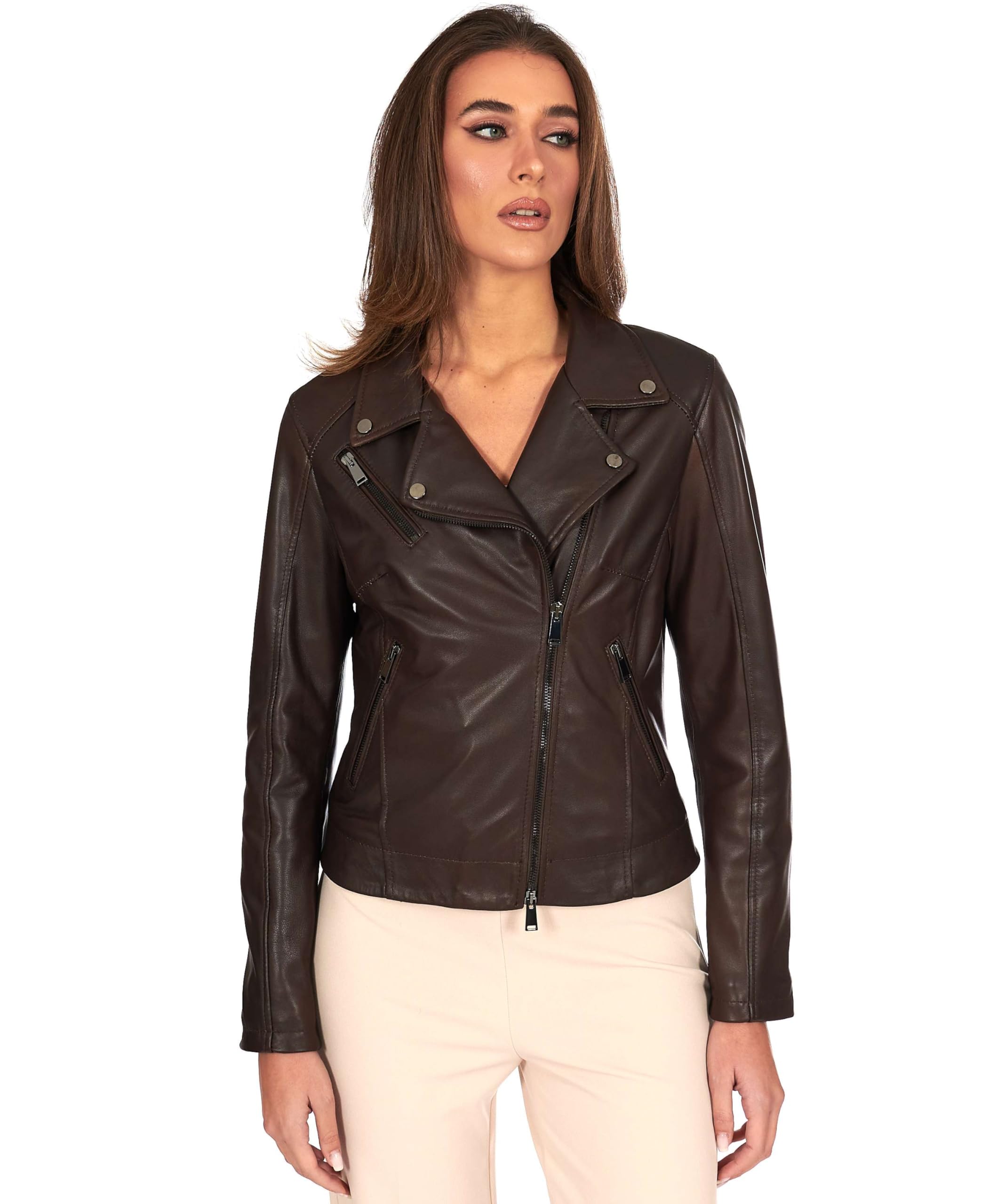 D'Arienzo Chiodo Vera Pelle Donna Testa di Moro Giacca Biker Giubbotto Moto Made in Italy Kbc